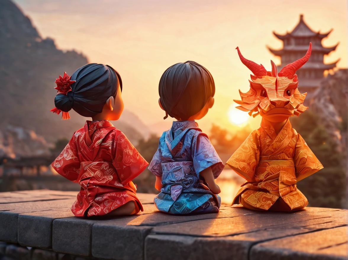 ((Magic sunset)). In the heart of an ancestral city, a vibrant scene unfolds as several Chinese children joyfully play with their wooden dragons to celebrate the arrival of the new year in 2024. The picturesque landscape showcases the magnificent Chinese wall, perfectly blending with the first light of the sunrise or the mesmerizing colors of the sunset. The children are adorned in beautifully crafted origami clothes, adding a touch of whimsy and elegance to the scene. In contrast, some children wear zentangle clothes, creating a striking visual contrast. The dragons they hold come to life with intricate details, thanks to the 3D crunch technique used in their creation. The overall image quality is of the highest standard, with a resolution of 4k or even 8k, resulting in a masterpiece of ultra-detailed beauty. The prompt embraces a realistic and photorealistic approach, capturing the true essence of the moment. The art style draws inspiration from traditional Chinese portraits and landscapes, evoking a sense of cultural heritage and pride. Vibrant colors and warm color tones artistically depict the warm embrace of the sun's rays on the children and their surroundings. The scene is bathed in gentle and magical studio lighting, creating a captivating ambience.