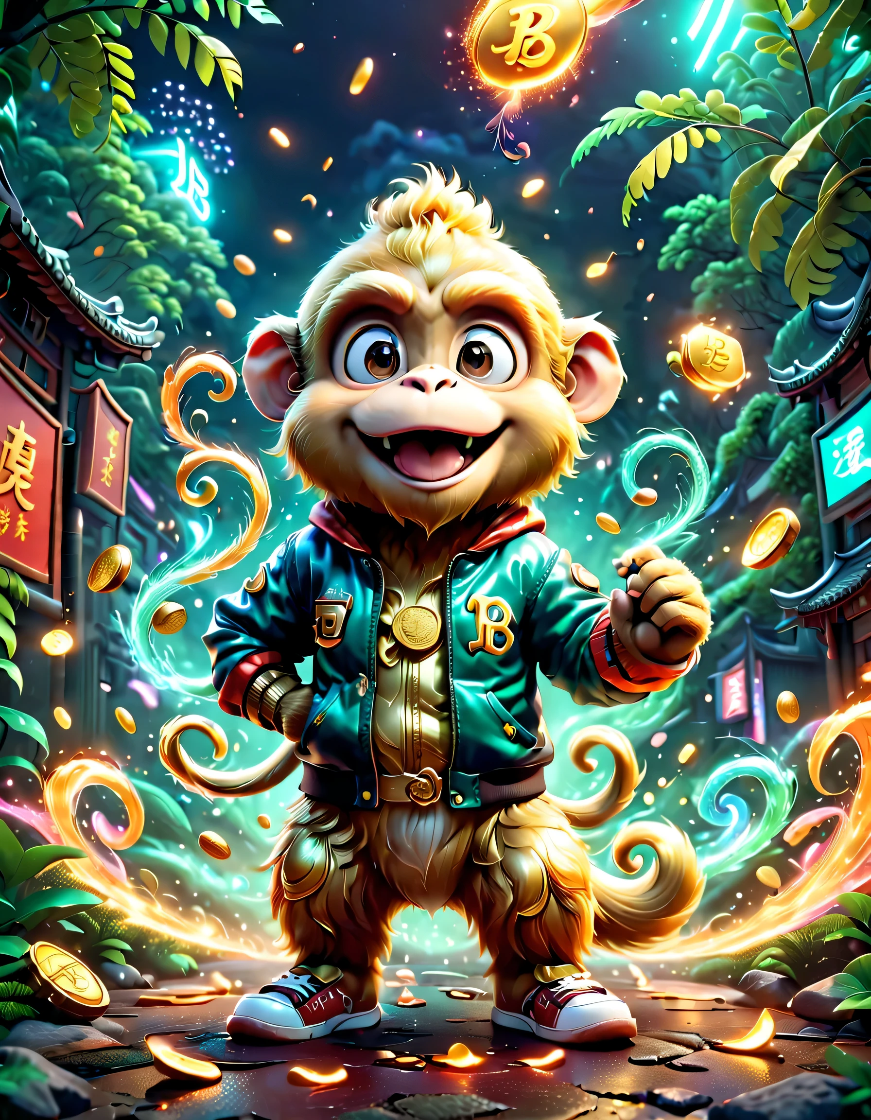 (Pixar style:1.6))，Electric creatures inspired by Pokémon，Create 3D renderings of fantasy creatures with electrical properties，Cartoon image of anthropomorphic golden monkey wearing fashionable street clothes，Wear a capital B"varsity jacket，Popular fashion sneakers。This golden monkey has a happy expression on his face，smiling，Bright appearance，Presented，The outstretched arms seem to point to something exciting，Show fun and enthusiasm。In the background is a park bustling with activity during the Chinese New Yearecracker，Spring couplets，Gold coins and red envelopes on the ground create a happy scene for tree species.。