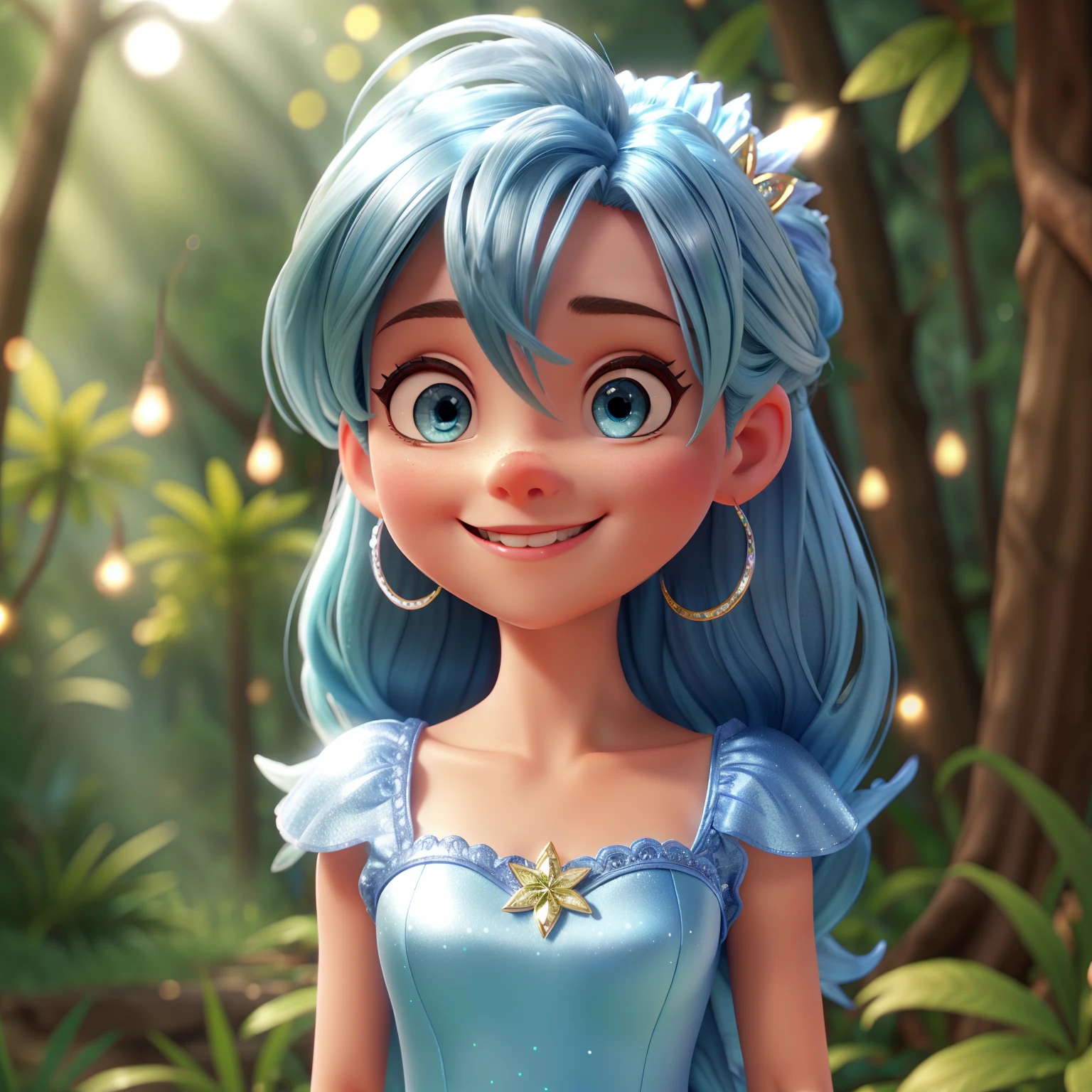 Silver Miss in the Tinker Bell ensemble, with twinkling blue eyes and a radiant smile, sprinkling fairy dust in a lush, magical forest.