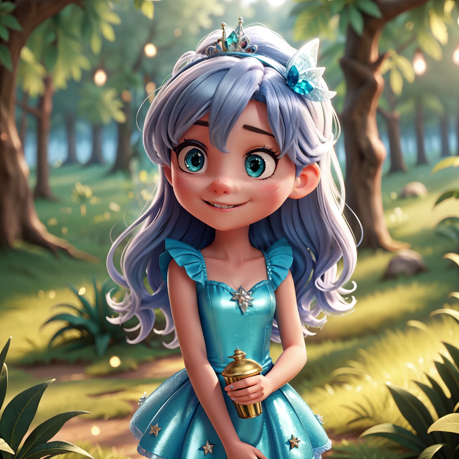 Silver Miss in the Tinker Bell ensemble, with twinkling blue eyes and a radiant smile, sprinkling fairy dust in a lush, magical forest.