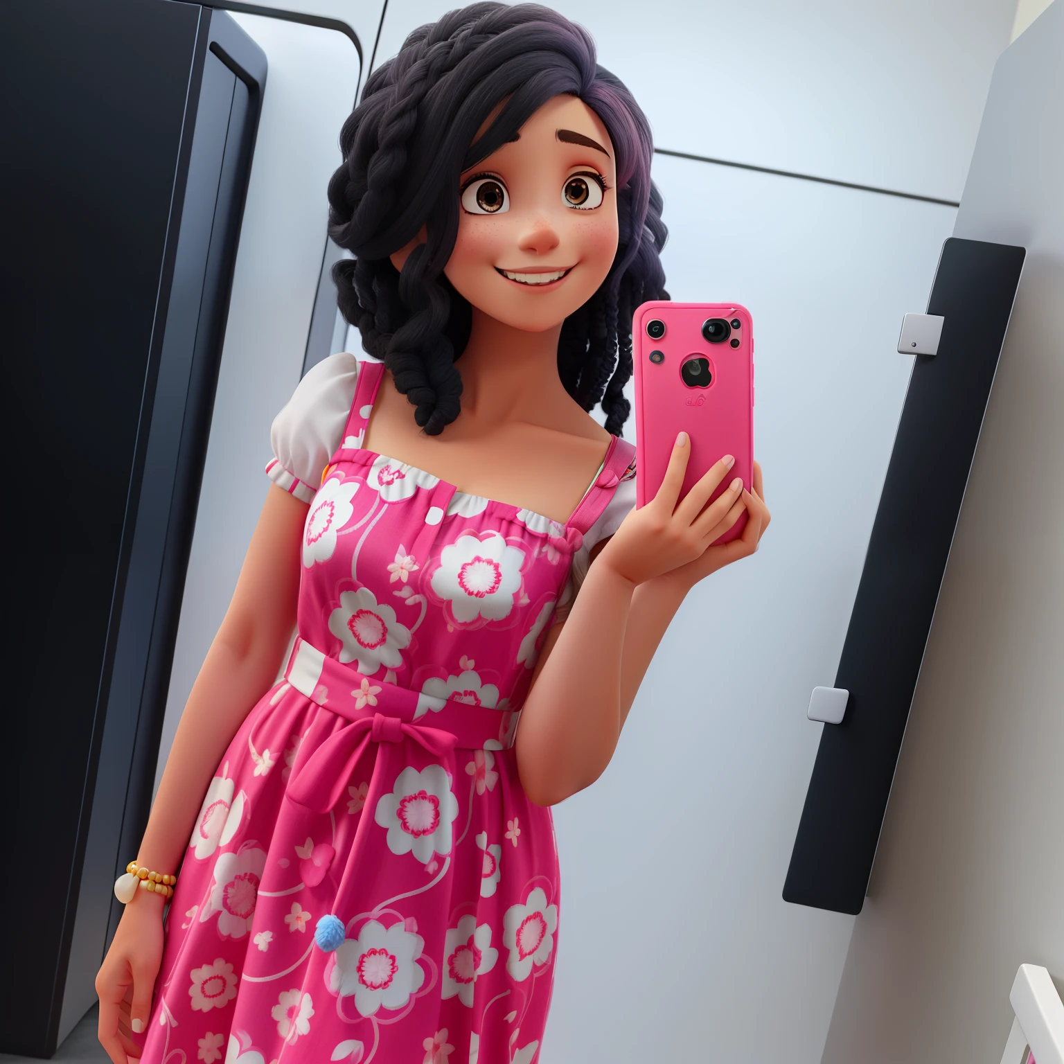 A happy woman holding a pink phone in her left hand, com um vestido rosa pink e folhas brancas, cabelo cacheado preto curto, sorriso marcante olhos castanhos