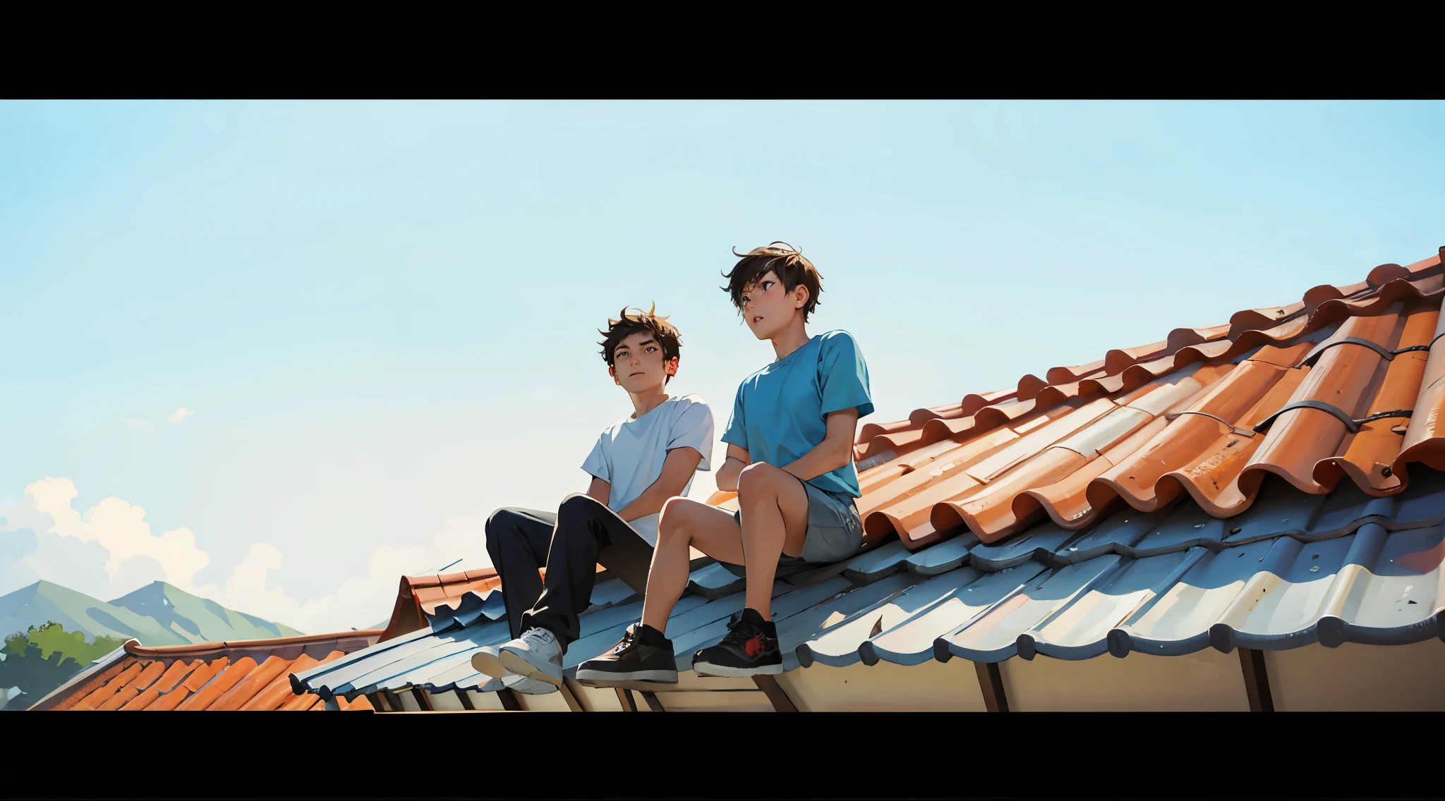 There are two 15 year old men sitting on a roof