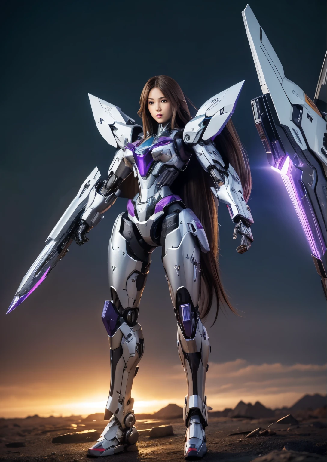 Fullbody, Textured skin, Super Detail, high details, High quality, Best Quality, hight resolution, 1080p, hard disk, Beautiful,(War Machine),beautiful cyborg woman,Mecha Cyborg Girl very very very long hair brown or black very silky rapunzel, Battle Mode,Girl with a Mecha Body,She wears a futuristic war machine weapon mech,Fulll body Shot, purple