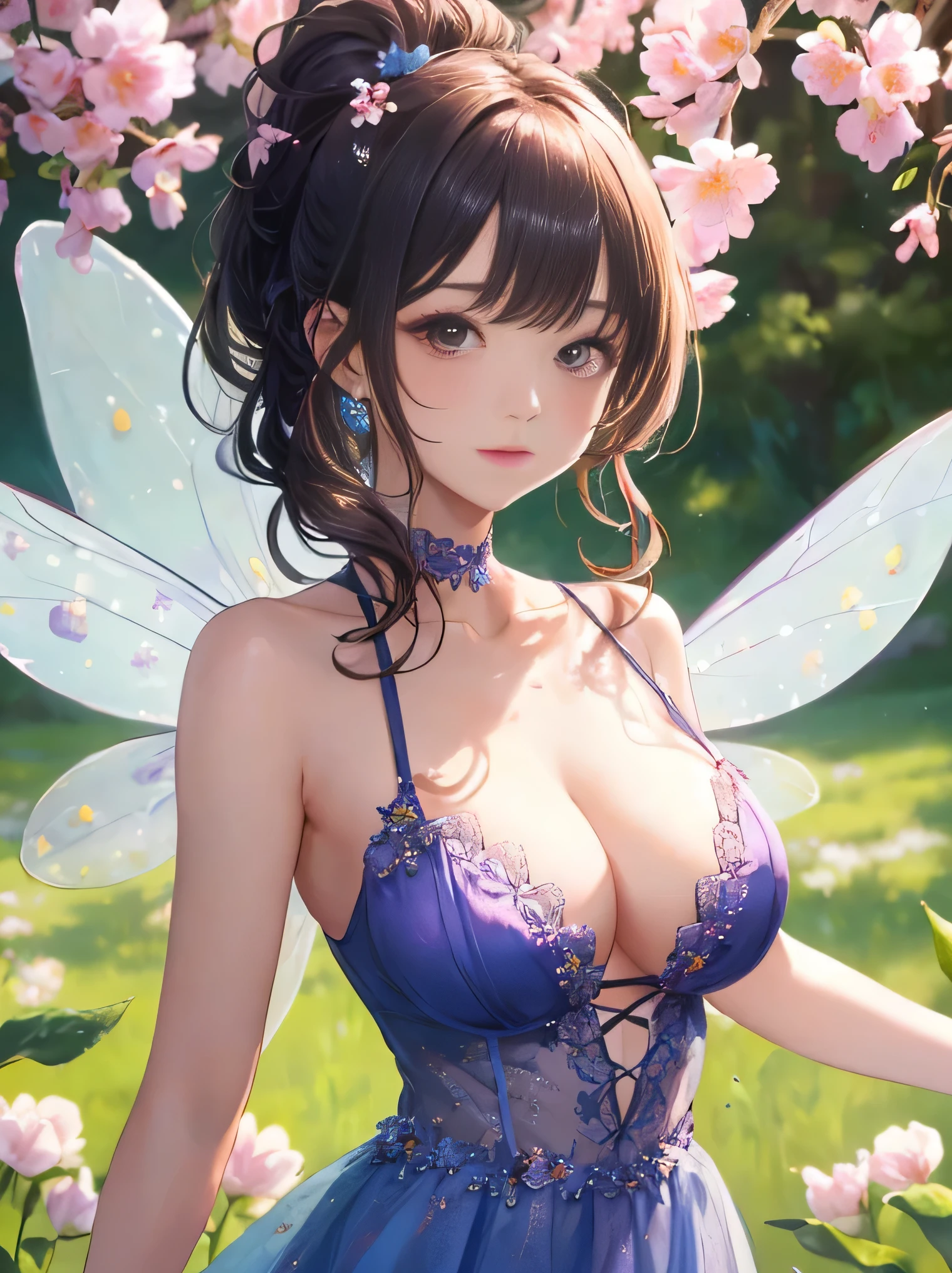 (8K、RAW photo、highest quality、masterpiece:1.2)、detailed background、beautiful and detailed face、beautiful and smooth skin、skin texture、professional lighting、Multiple little fairies、Fairy wearing a cute flower costume、Cute Ponytail,(big breasts:1.2)、emphasize the chest、sweet pea、A flower that blooms in spring, characterized by its pretty appearance and sweet scent..。