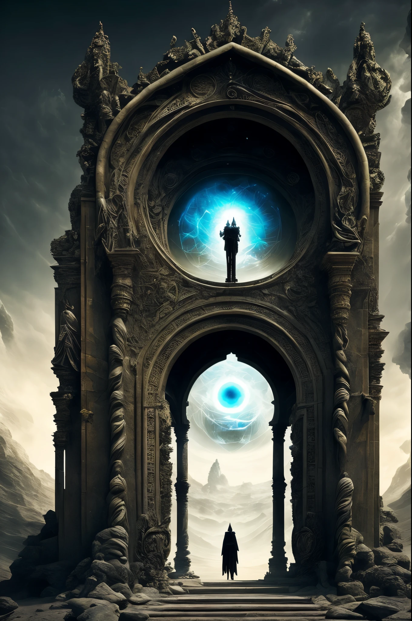 A grand and enigmatic image of the Forgotten Gateway of Time and Space, shrouded in a surreal, otherworldly atmosphere. The gateway is intricately carved with ancient symbols, each one radiating an aura of mystery and power. Bowing before it, a figure dressed in tattered robes, his eyes burning with the wisdom of ages, gazes intently into the gateway's depths. The background is an ethereal, swirling vortex of colors, depicting the convergence of multiple dimensions. As the gateway's energies pulse, they cast intricate patterns of light and shadow on the figure's face, highlighting the deep creases of his