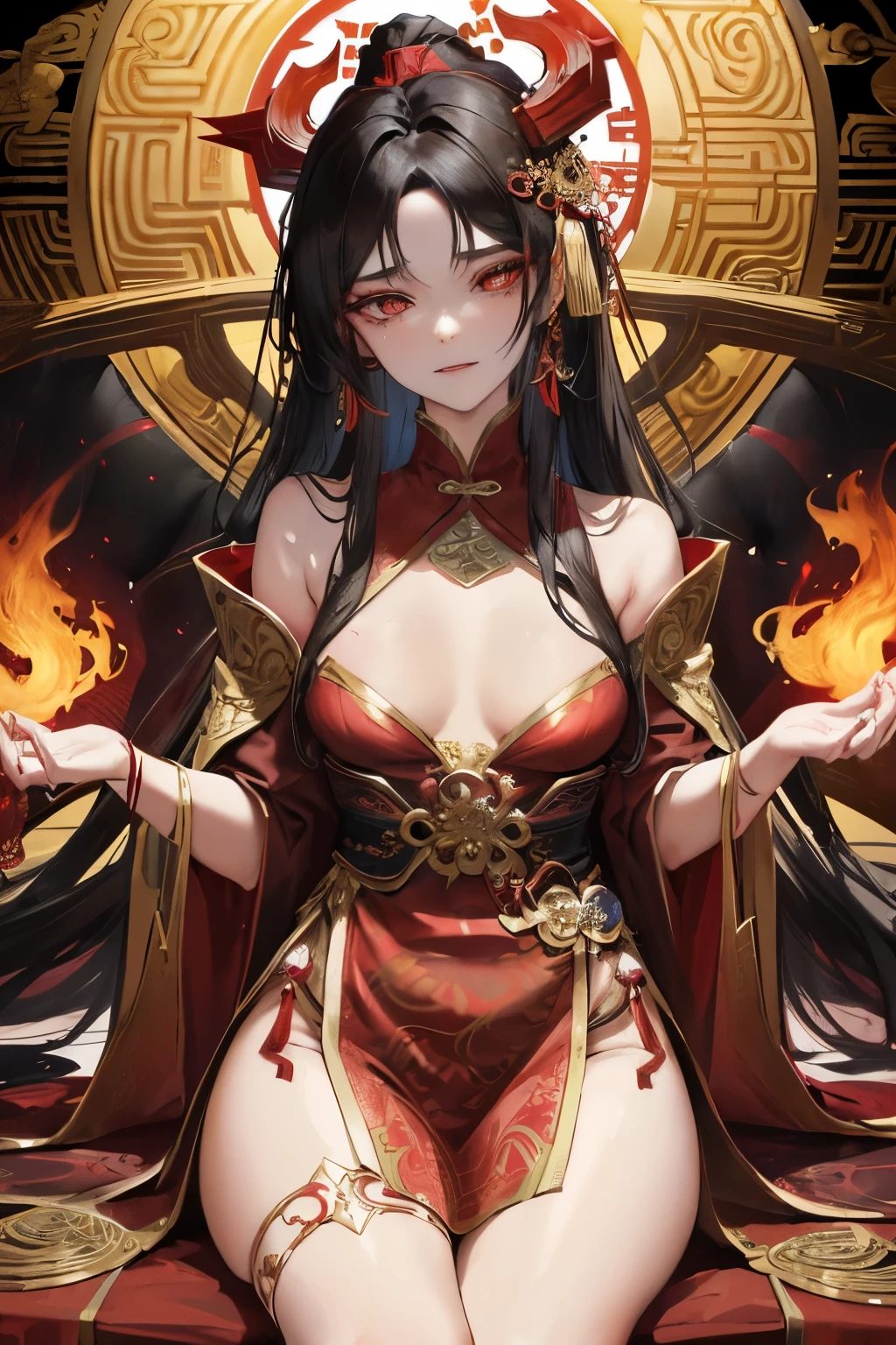Ancient Chinese demon realm, enchanting, a demon empress with small breasts, exuding an air of mystery and allure, clad in a majestic, intricately detailed crimson robe with gold accents, adorned with exquisite, many-layered textures and precious stones, her long, wavy black hair cascading down her back, her piercing, small, red pupils glowing with a fiery intensity, her delicate, angular features sharply defined, her small mouth curving into a subtle, sly smile, her hands resting gently on her thighs, her small breasts barely concealed beneath the open neckline of her robe, her gaze radiant and captiv