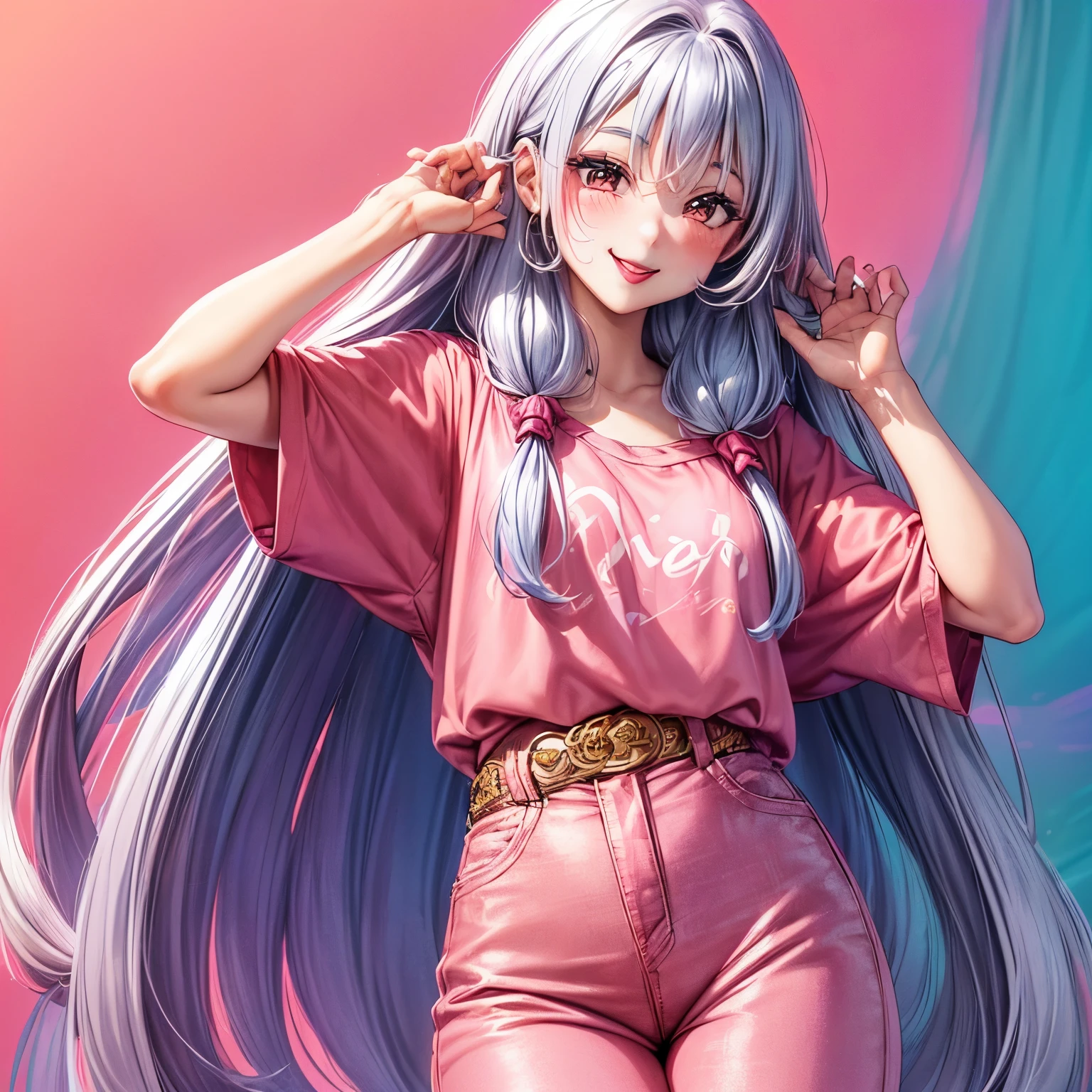 1girl, (((beautiful))), (((long loose silky hair, any colour hair))), (((lipstick))), (((blush))), (((smile))), ((((casual 90's clothes)))), (((colourful 90's background)))