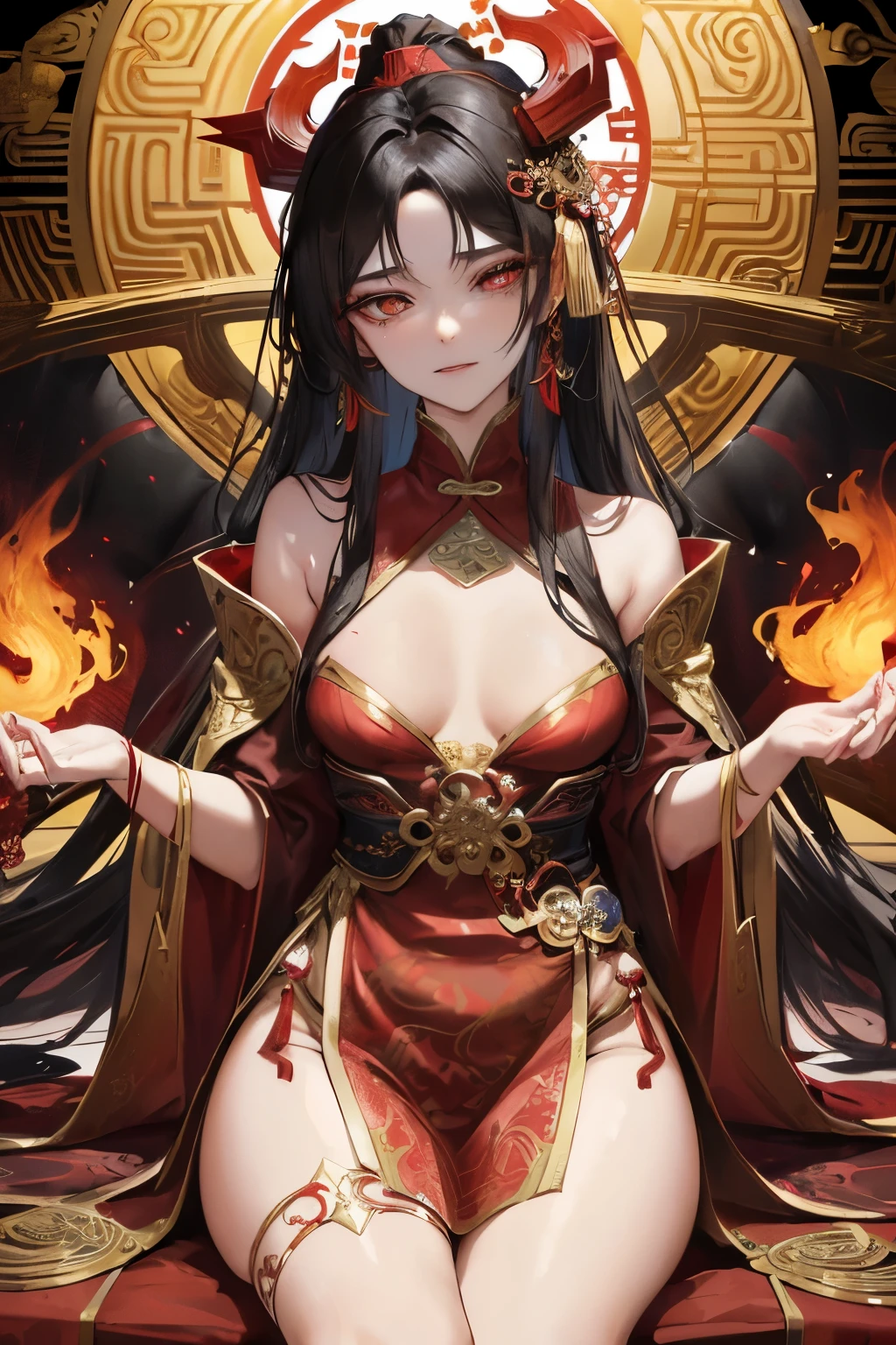 Ancient Chinese demon realm, enchanting, a demon empress with small breasts, exuding an air of mystery and allure, clad in a majestic, intricately detailed crimson robe with gold accents, adorned with exquisite, many-layered textures and precious stones, her long, wavy black hair cascading down her back, her piercing, small, red pupils glowing with a fiery intensity, her delicate, angular features sharply defined, her small mouth curving into a subtle, sly smile, her hands resting gently on her thighs, her small breasts barely concealed beneath the open neckline of her robe, her gaze radiant and captiv