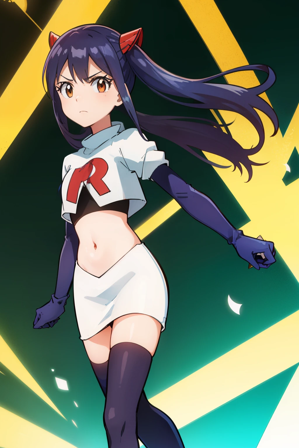 WENDY MARVELL, LONG HAIR, HAIR ORNAMENT, TWINTAILS, (BROWN EYES:1.2), BLUE HAIR, TATTOO, 1girl, solo, facing viewer, looking at viewer, team rocket uniform, red letter R, white skirt,white crop top,black thigh-highs,black elbow gloves
