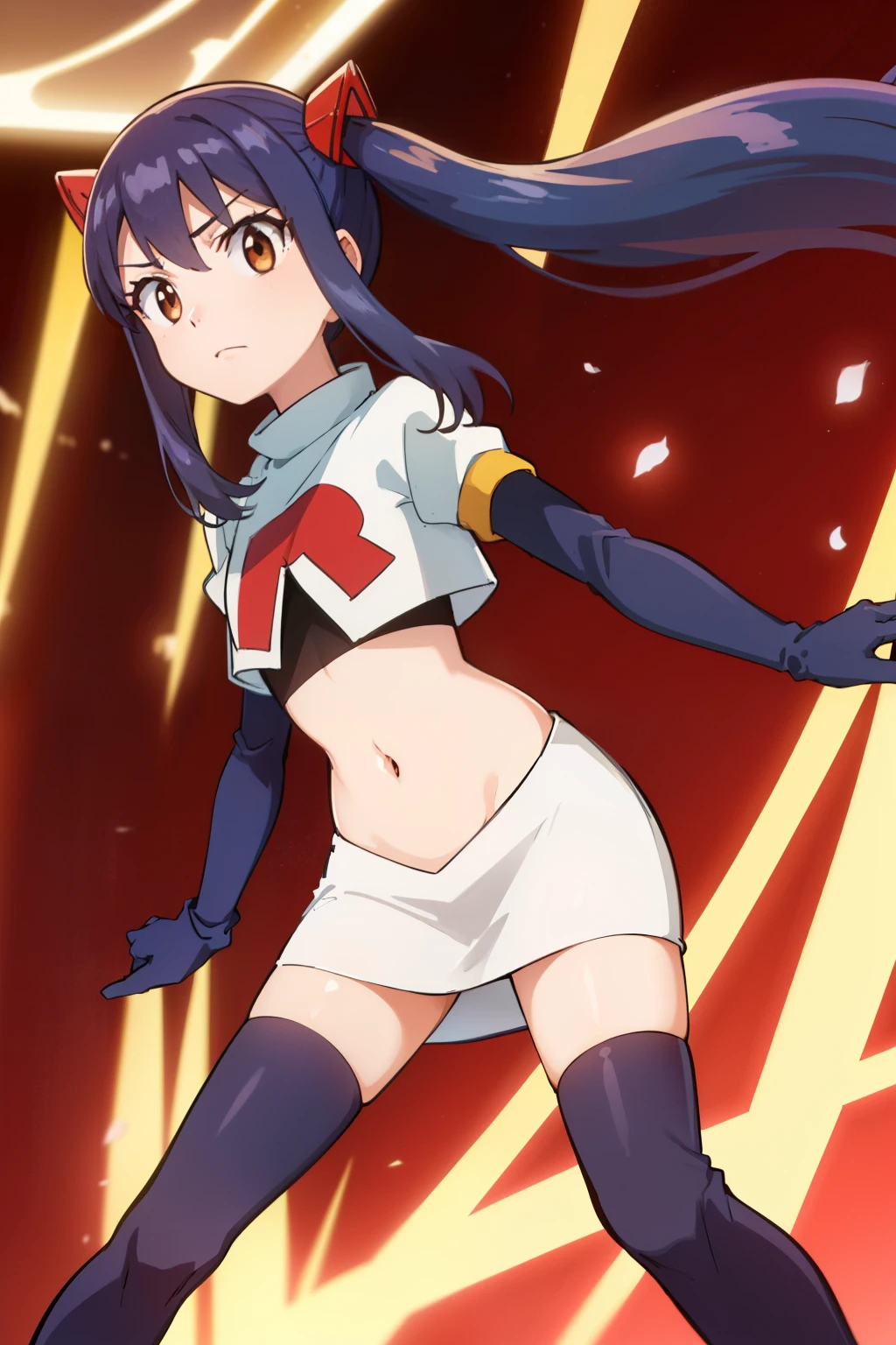 WENDY MARVELL, LONG HAIR, HAIR ORNAMENT, TWINTAILS, (BROWN EYES:1.2), BLUE HAIR, TATTOO, 1girl, solo, facing viewer, looking at viewer, team rocket uniform, red letter R, white skirt,white crop top,black thigh-highs,black elbow gloves