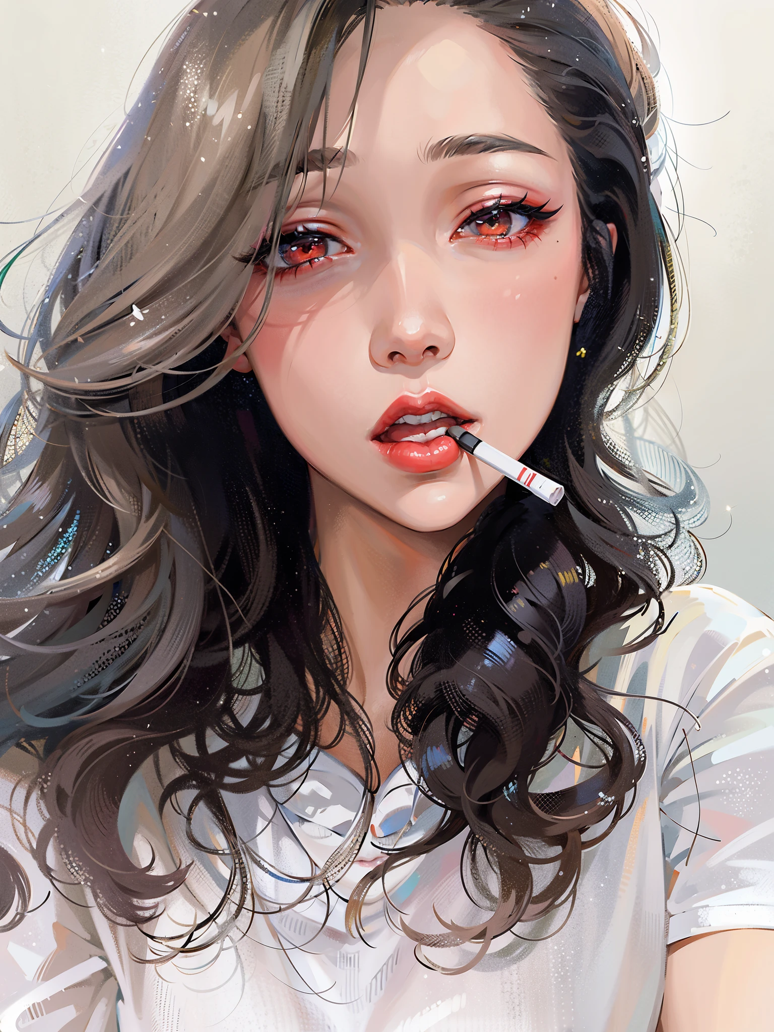 A woman smokes, Korean popular makeup, white shirt,Urzan, Korean popular makeup, Minami Zaiwa, gongbi, Clear lips and high quality, 嘴唇sexy, jinyoung shin, 8K selfie photo, korean girl, 8k)), red lips,sexy, beautiful korean woman, small and thick red lips,clean background