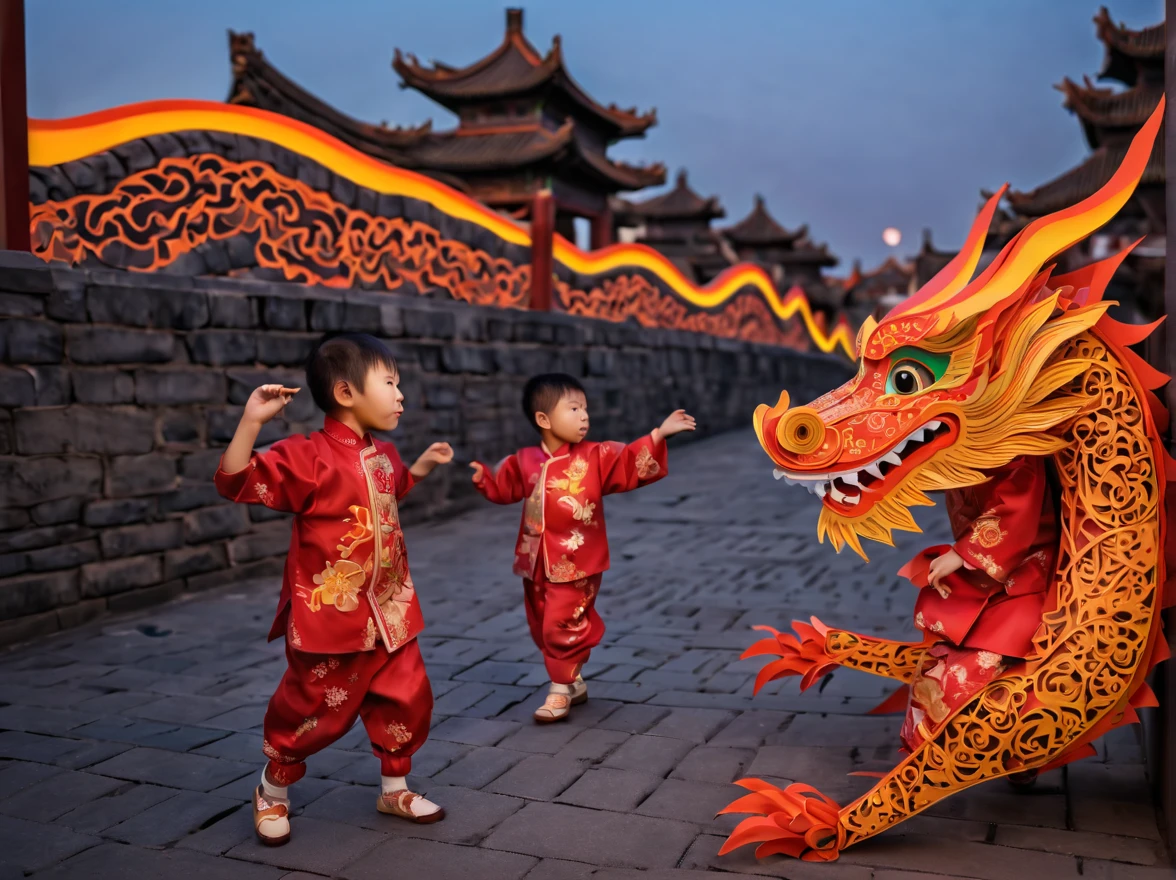 ((Magic sunset)). In the heart of an ancestral city, a vibrant scene unfolds as several Chinese children joyfully play with their wooden dragons to celebrate the arrival of the new year in 2024. The picturesque landscape showcases the magnificent Chinese wall, perfectly blending with the first light of the sunrise or the mesmerizing colors of the sunset. The children are adorned in beautifully crafted origami clothes, adding a touch of whimsy and elegance to the scene. In contrast, some children wear zentangle clothes, creating a striking visual contrast. The dragons they hold come to life with intricate details, thanks to the 3D crunch technique used in their creation. The overall image quality is of the highest standard, with a resolution of 4k or even 8k, resulting in a masterpiece of ultra-detailed beauty. The prompt embraces a realistic and photorealistic approach, capturing the true essence of the moment. The art style draws inspiration from traditional Chinese portraits and landscapes, evoking a sense of cultural heritage and pride. Vibrant colors and warm color tones artistically depict the warm embrace of the sun's rays on the children and their surroundings. The scene is bathed in gentle and magical studio lighting, creating a captivating ambience.