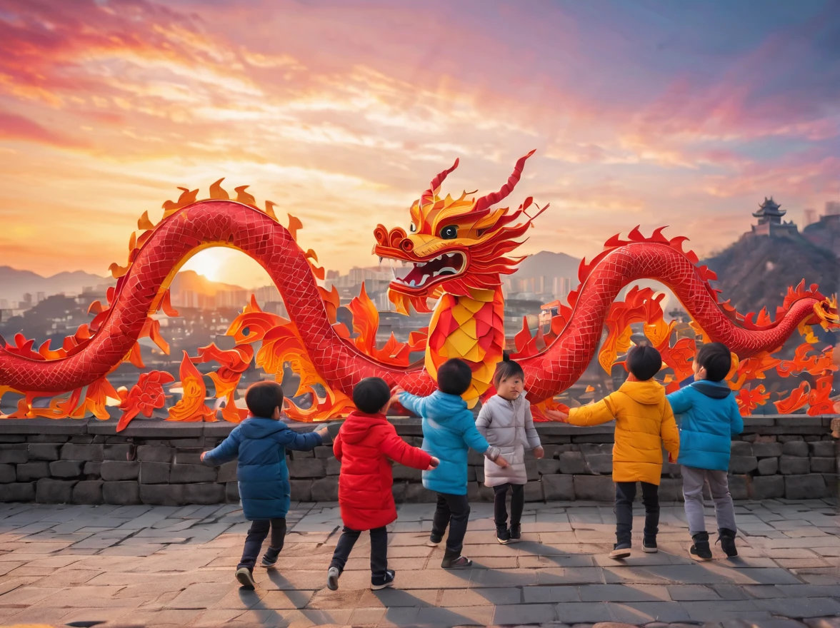 ((Magic sunset)). In the heart of an ancestral city, a vibrant scene unfolds as several Chinese children joyfully play with their wooden dragons to celebrate the arrival of the new year in 2024. The picturesque landscape showcases the magnificent Chinese wall, perfectly blending with the first light of the sunrise or the mesmerizing colors of the sunset. The children are adorned in beautifully crafted origami clothes, adding a touch of whimsy and elegance to the scene. In contrast, some children wear zentangle clothes, creating a striking visual contrast. The dragons they hold come to life with intricate details, thanks to the 3D crunch technique used in their creation. The overall image quality is of the highest standard, with a resolution of 4k or even 8k, resulting in a masterpiece of ultra-detailed beauty. The prompt embraces a realistic and photorealistic approach, capturing the true essence of the moment. The art style draws inspiration from traditional Chinese portraits and landscapes, evoking a sense of cultural heritage and pride. Vibrant colors and warm color tones artistically depict the warm embrace of the sun's rays on the children and their surroundings. The scene is bathed in gentle and magical studio lighting, creating a captivating ambience.