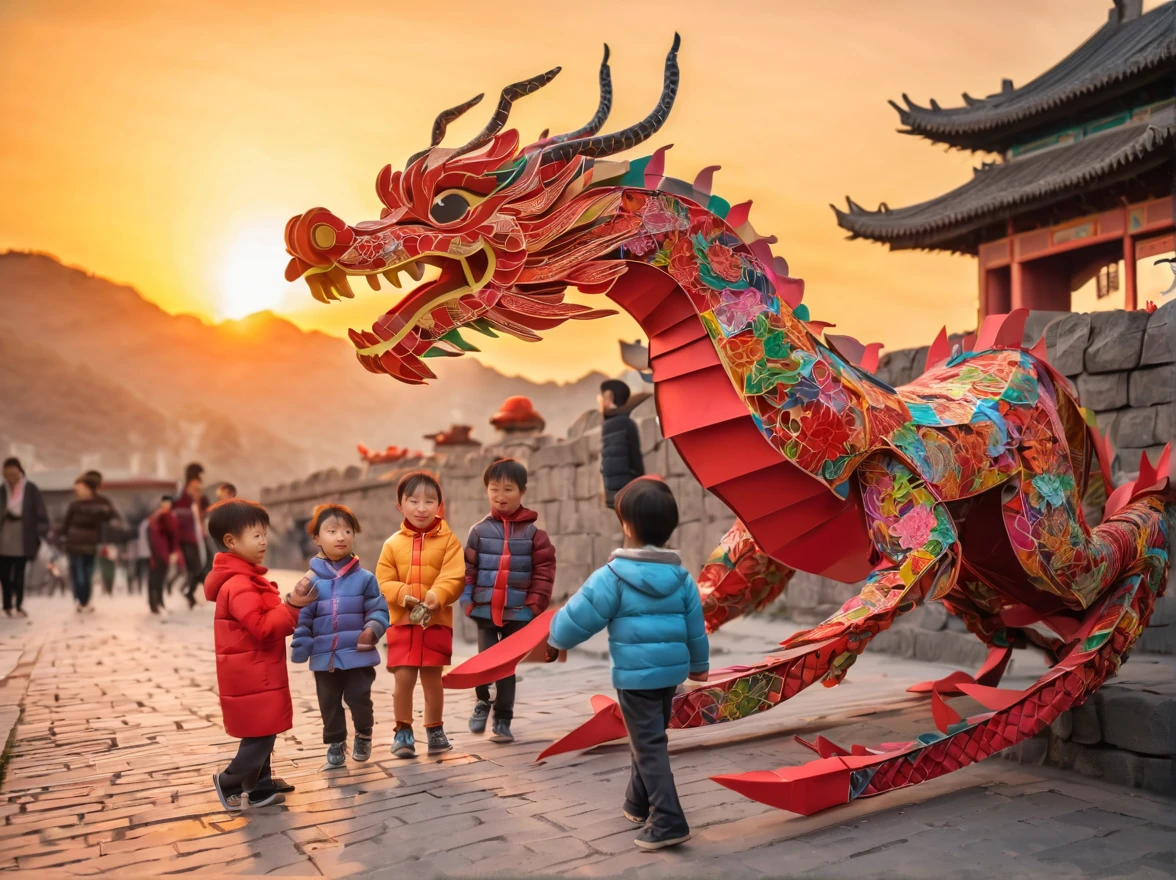 ((Magic sunset)). In the heart of an ancestral city, a vibrant scene unfolds as several Chinese children joyfully play with their wooden dragons to celebrate the arrival of the new year in 2024. The picturesque landscape showcases the magnificent Chinese wall, perfectly blending with the first light of the sunrise or the mesmerizing colors of the sunset. The children are adorned in beautifully crafted origami clothes, adding a touch of whimsy and elegance to the scene. In contrast, some children wear zentangle clothes, creating a striking visual contrast. The dragons they hold come to life with intricate details, thanks to the 3D crunch technique used in their creation. The overall image quality is of the highest standard, with a resolution of 4k or even 8k, resulting in a masterpiece of ultra-detailed beauty. The prompt embraces a realistic and photorealistic approach, capturing the true essence of the moment. The art style draws inspiration from traditional Chinese portraits and landscapes, evoking a sense of cultural heritage and pride. Vibrant colors and warm color tones artistically depict the warm embrace of the sun's rays on the children and their surroundings. The scene is bathed in gentle and magical studio lighting, creating a captivating ambience.