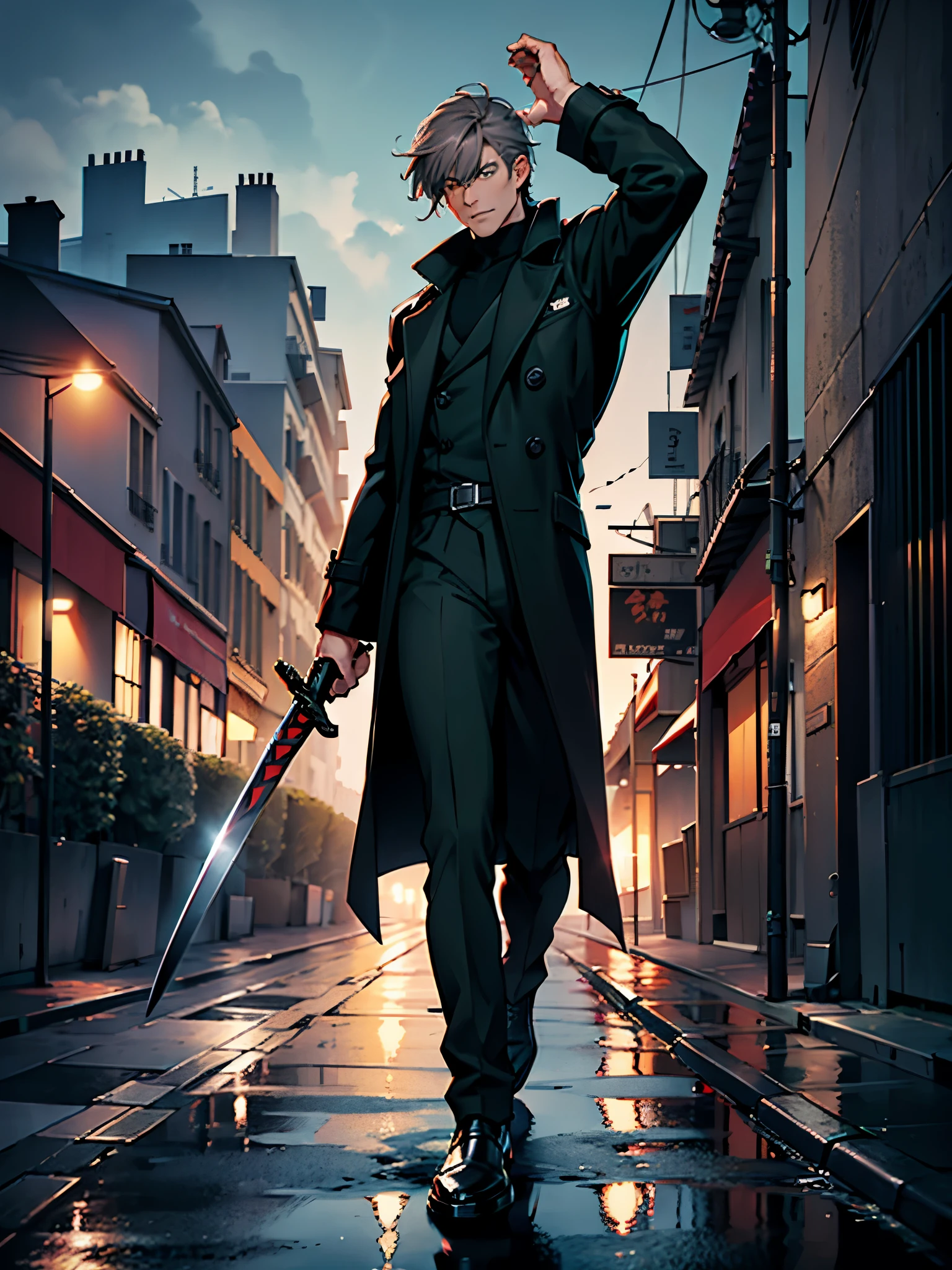 arafed man in a black coat, he's a hitman in peacoat, he is wearing a black trenchcoat, cinematic full body shot, photo from a promo shoot, character photography, full body and head shot, full body shoot, full-body-shot, promo shoot, fullbody shot, dock, paris, night backdrop, film noire atmosphere, reddish grey hair, green eyes, using katana sword, using weapon, one-eyed bangs, solo focus, age 50, cowboy shoot
