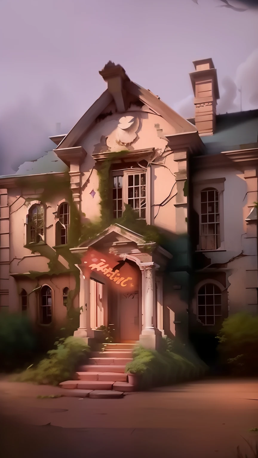 painting of a big house,There is a clock in front, Huge ruined mansion, disney animation style, WetaDisneyPixar, Matte Arcane Dota Pixar, Pixar movie setting, Pixar screenshot, Pixar is very detailed, Vaporwave Building, Rendering in Pixar, still from animated horror, pixar 3 d animation style, Ghost Mansion, Spooky haunted house