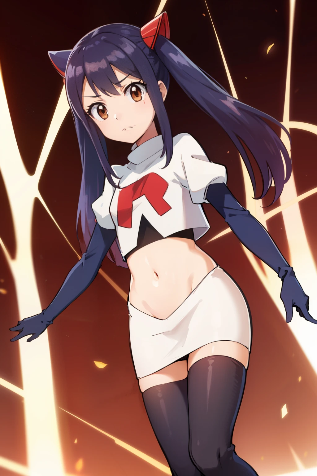 WENDY MARVELL, LONG HAIR, HAIR ORNAMENT, TWINTAILS, (BROWN EYES:1.2), BLUE HAIR, TATTOO, 1girl, solo, facing viewer, looking at viewer, team rocket uniform, red letter R, white skirt,white crop top,black thigh-highs,black elbow gloves