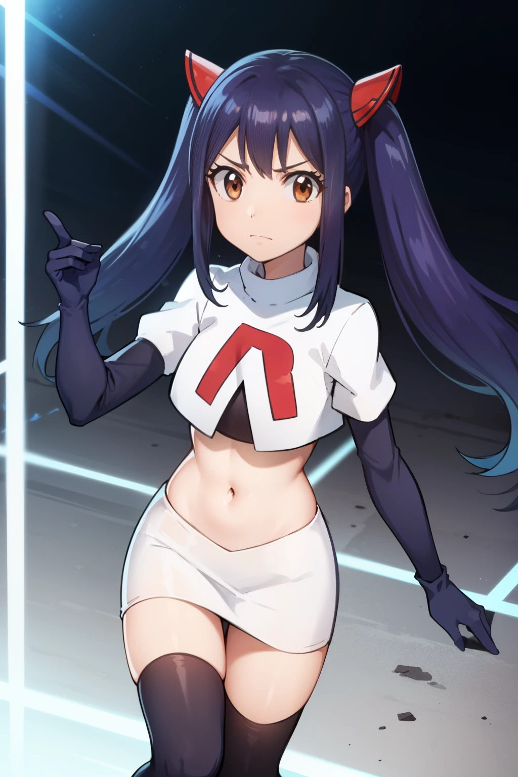 WENDY MARVELL, LONG HAIR, HAIR ORNAMENT, TWINTAILS, (BROWN EYES:1.2), BLUE HAIR, TATTOO, 1girl, solo, facing viewer, looking at viewer, team rocket uniform, red letter R, white skirt,white crop top,black thigh-highs,black elbow gloves