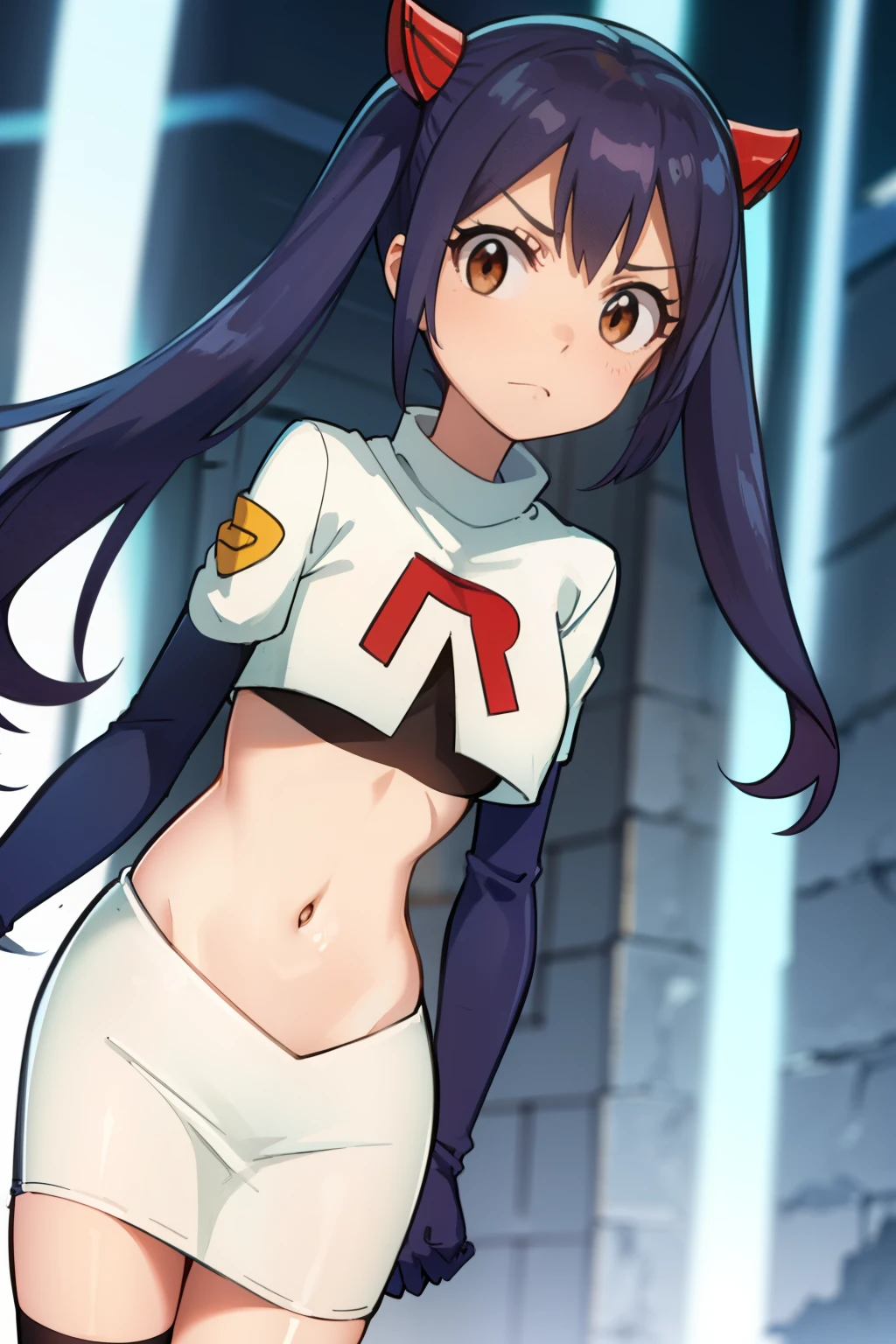 WENDY MARVELL, LONG HAIR, HAIR ORNAMENT, TWINTAILS, (BROWN EYES:1.2), BLUE HAIR, TATTOO, 1girl, solo, facing viewer, looking at viewer, team rocket uniform, red letter R, white skirt,white crop top,black thigh-highs,black elbow gloves