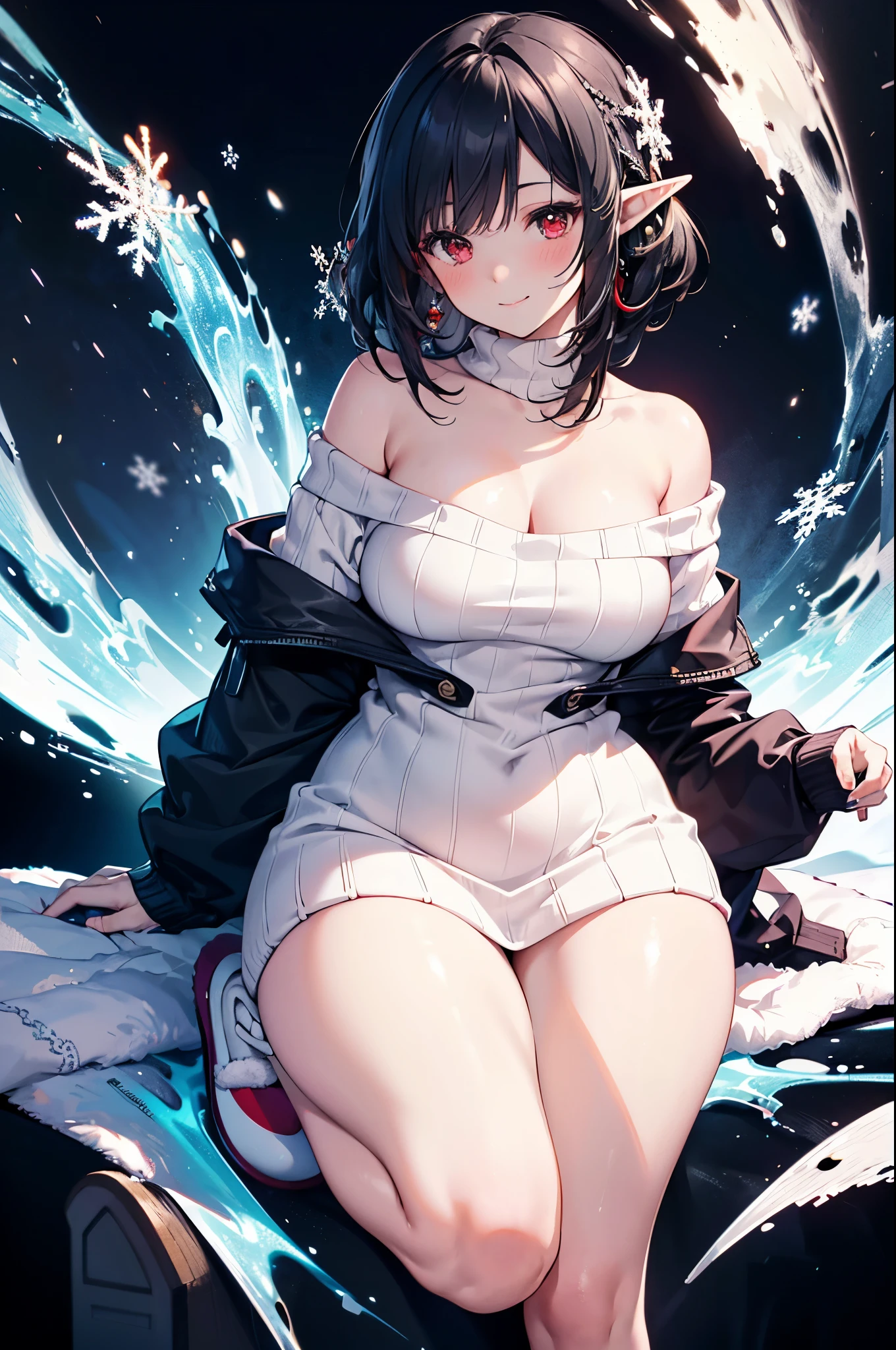 realistic image, coherent image, detailed image, 1 beautiful elf, She has black hair, pulled back, red eyes, her face is oval and delicate, Blushing, smiling, She is wearing a long off-shoulder sweater, moccasins slippers, She has a curvy body, medium breasts, thick thighs, sexy pose, snowflakes, black background,
