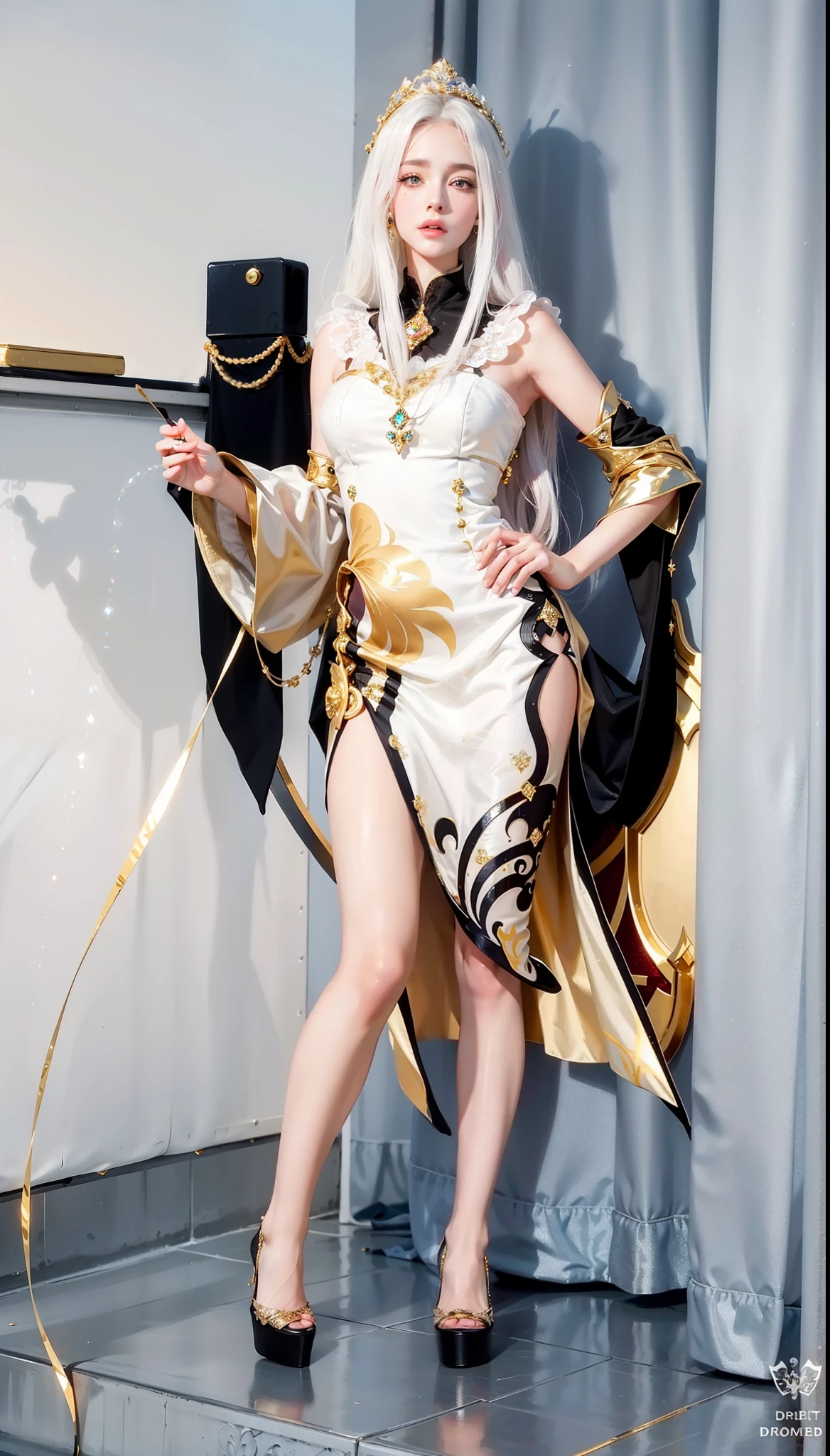 Royal sister,exquisite eyes,Detailed text,tall figure,Leg length,4K,HD,White translucent lace,Fair and plump figure,pretty face,Little cherry mouth,beautiful and delicious(3D royal sister),Gorgeous dress encrusted with gemstones crystal gold diamonds,Wear shiny reflective gelcoat,Gorgeous gold jeweled high heels