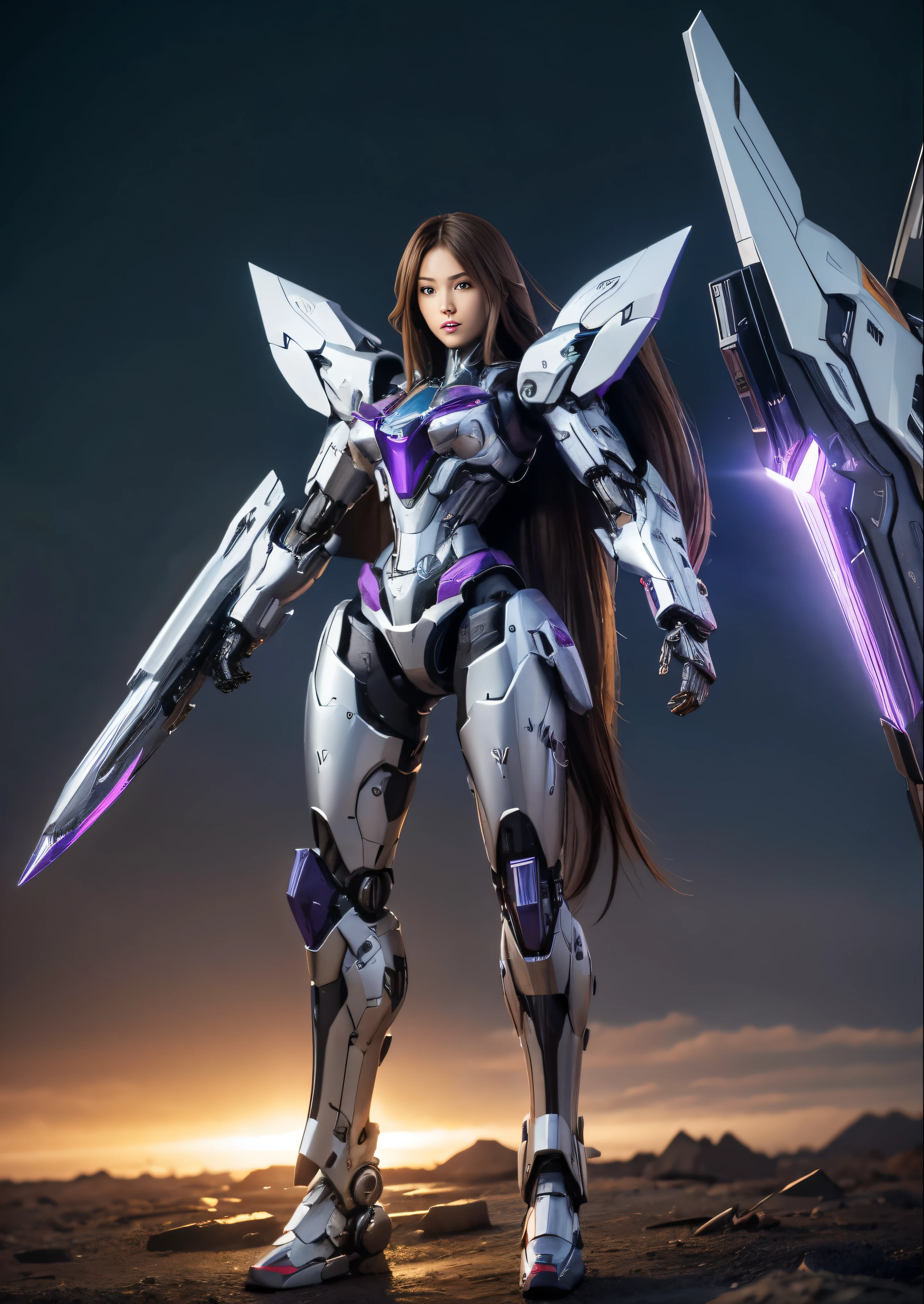 Fullbody, Textured skin, Super Detail, high details, High quality, Best Quality, hight resolution, 1080p, hard disk, Beautiful,(War Machine),beautiful cyborg woman,Mecha Cyborg Girl very very very long hair brown or black very silky rapunzel, Battle Mode,Girl with a Mecha Body,She wears a futuristic war machine weapon mech,Fulll body Shot, purple