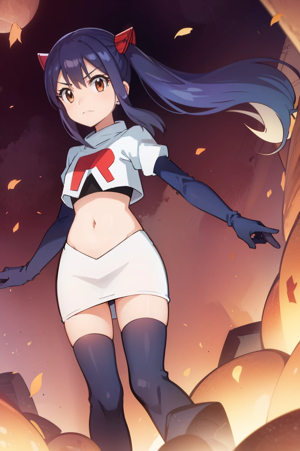 WENDY MARVELL, LONG HAIR, HAIR ORNAMENT, TWINTAILS, (BROWN EYES:1.2), BLUE HAIR, TATTOO, 1girl, solo, facing viewer, looking at viewer, team rocket uniform, red letter R, white skirt,white crop top,black thigh-highs,black elbow gloves