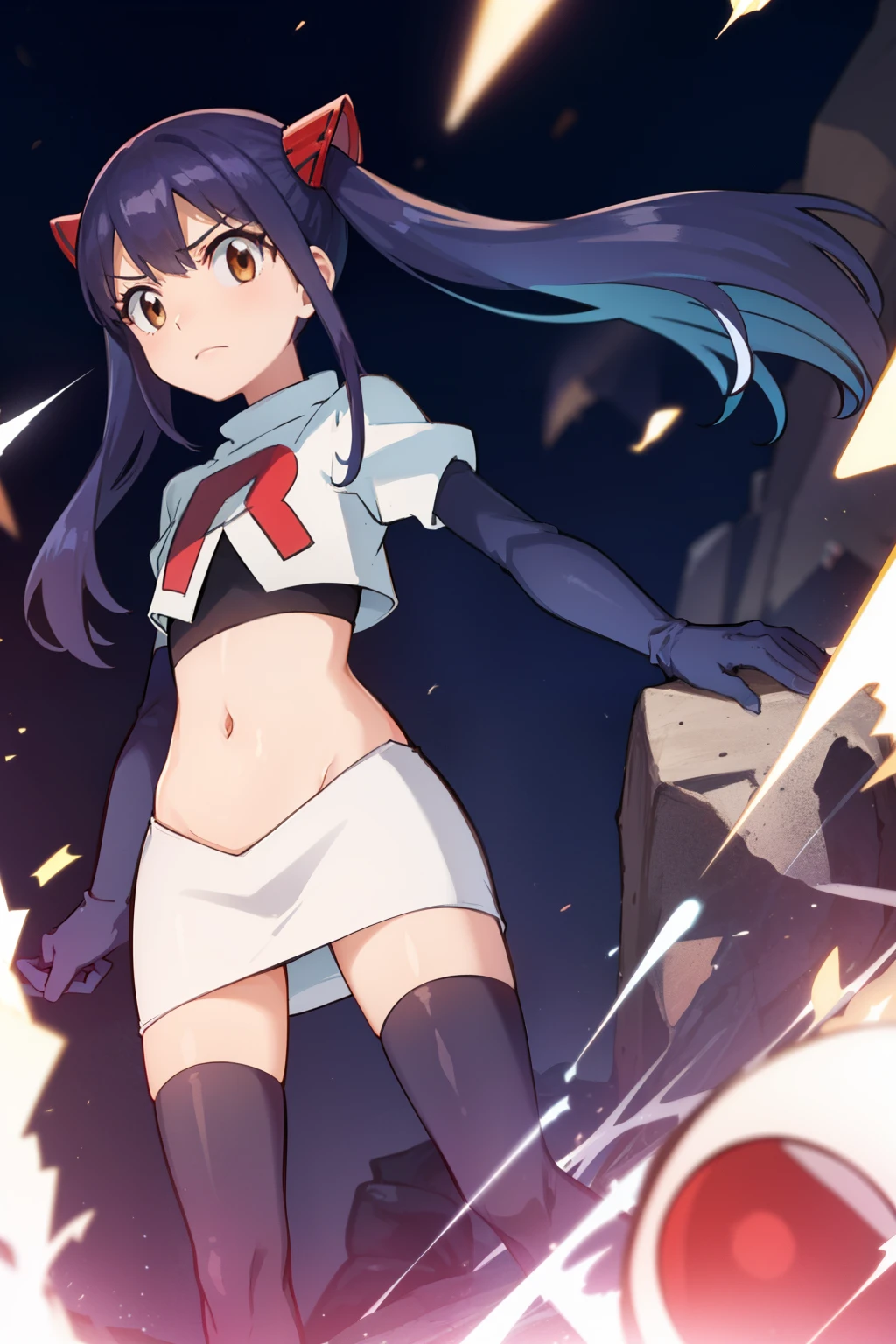 WENDY MARVELL, LONG HAIR, HAIR ORNAMENT, TWINTAILS, (BROWN EYES:1.2), BLUE HAIR, TATTOO, 1girl, solo, facing viewer, looking at viewer, team rocket uniform, red letter R, white skirt,white crop top,black thigh-highs,black elbow gloves