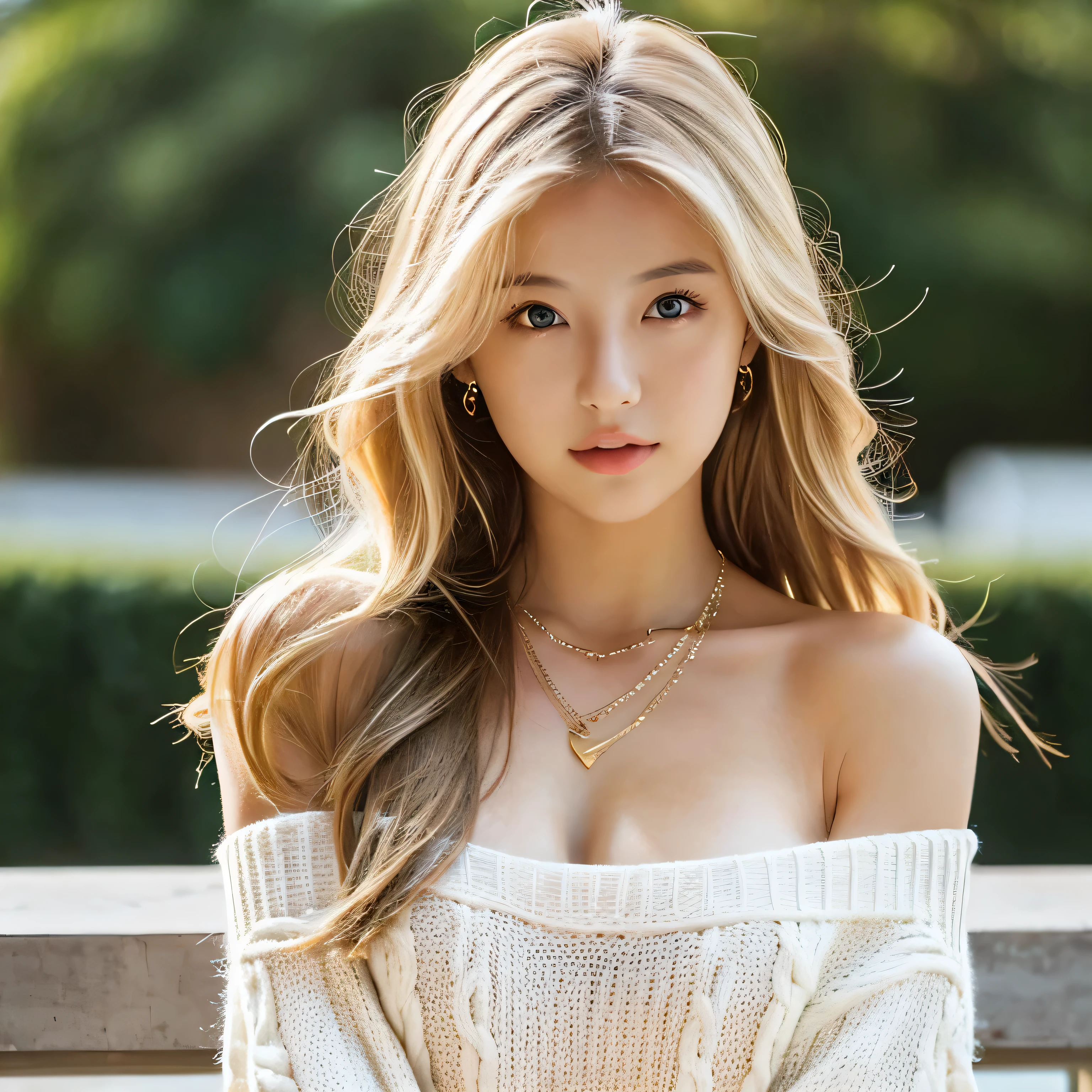 1girl in, age19, Solo, Long hair, Colossal tits, Looking at Viewer, blondehair, Bare shoulders, Brown eyes, jewely, Full body, a necklace, off shoulders, Sweaters, Realistic, A sexy