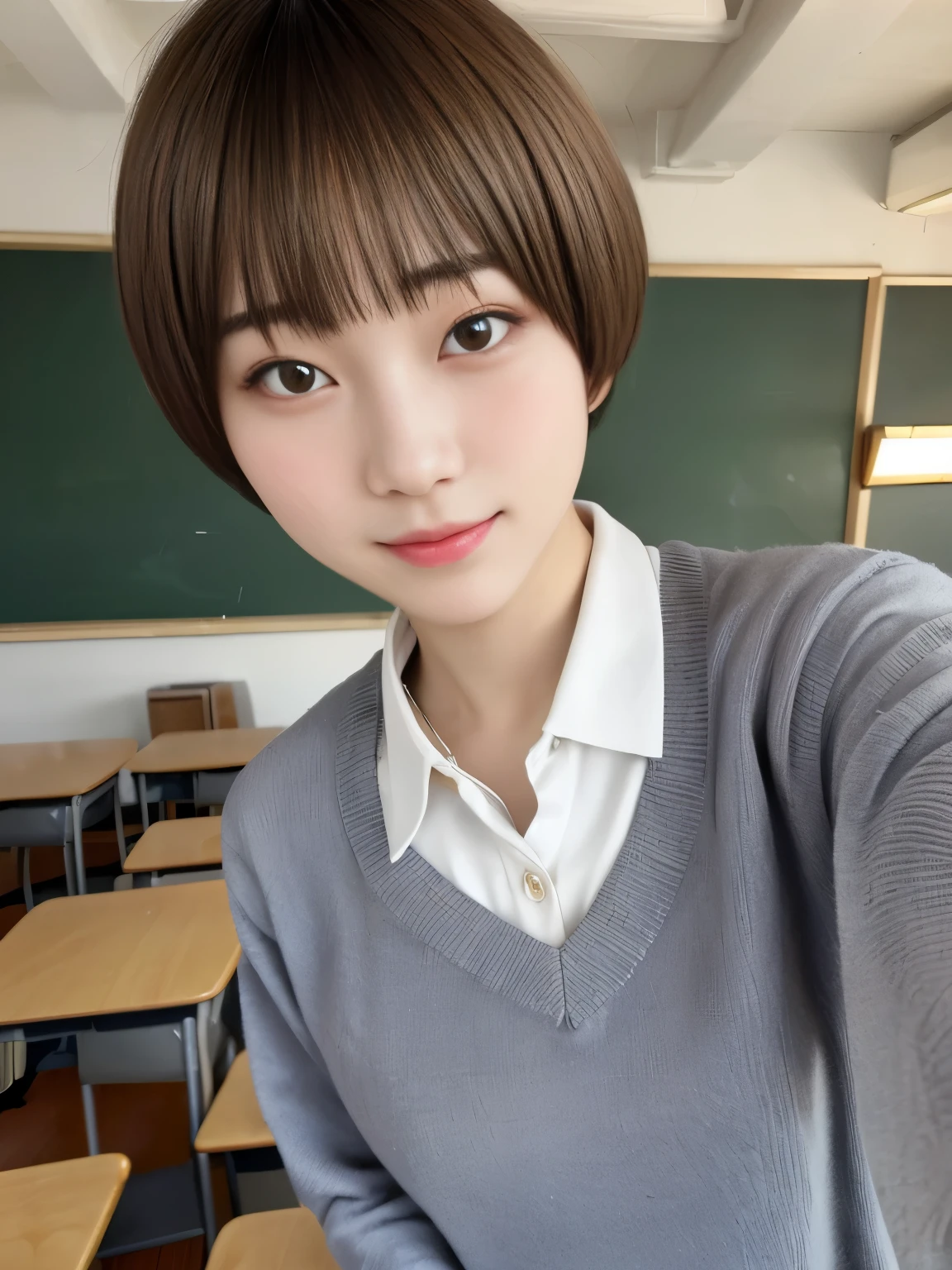 top-quality,masterpiece,Raw photography,8K,Top image quality,hight resolution, 18 years old Japanese female idol ,Beautuful Women,cute Japanese girls, Pretty Woman ,Beautiful face in every detail,  ,small head, seductive smile ,Realistic human skin, pale skin ,cut model , Short hair ,bowl cut ,skinny body , school uniform , leaning forward ,put left hand on, contrapposto, school uniform, arched back, look at viewer, face focus , face closeup ,from above , selfie, dimly lit, classroom