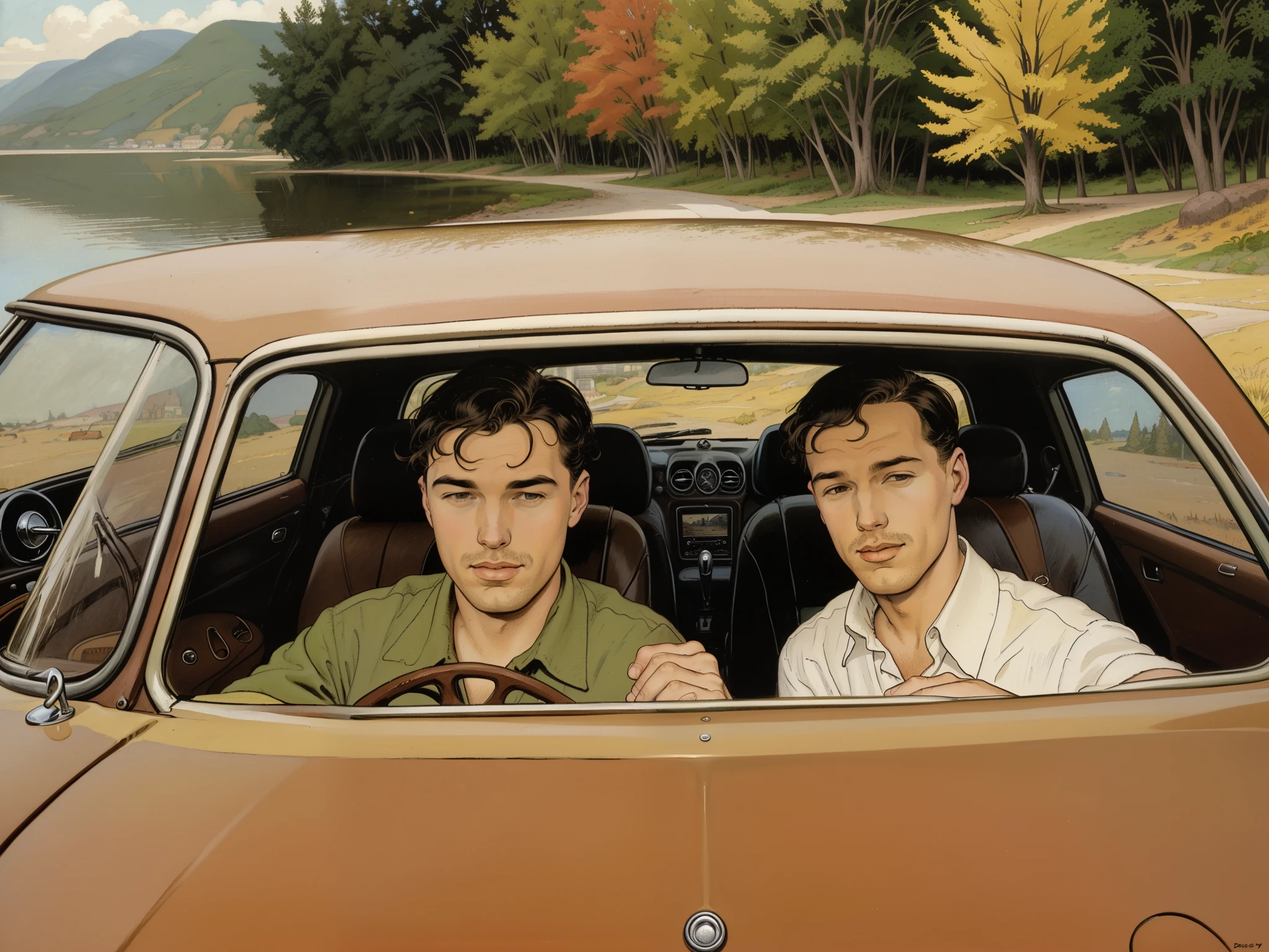 they are sitting in the car, by Bernard van Orley, by Derek Hill, ed hopper, kenton nelson, inspired by Art Frahm, by Stevan Dohanos, by Mark Poole, by Bob Ringwood, by Eric de Kolb, by Wayne England, by Glen Angus, by Thomas Dalziel, david ligare masterpiece, by Keith Parkinson