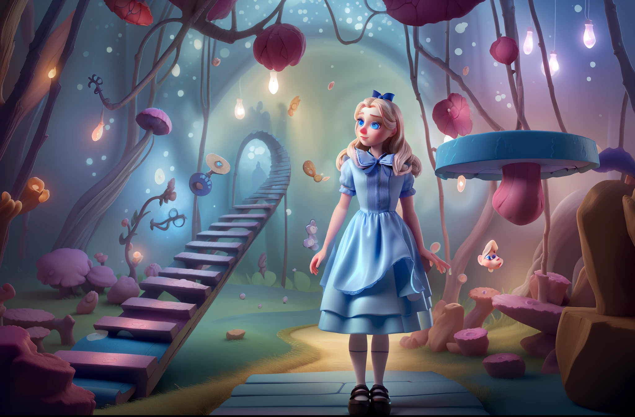 Detailed face of Alice in Wonderland, blue beautiful eyes and face, long eyelashes, soft lighting
