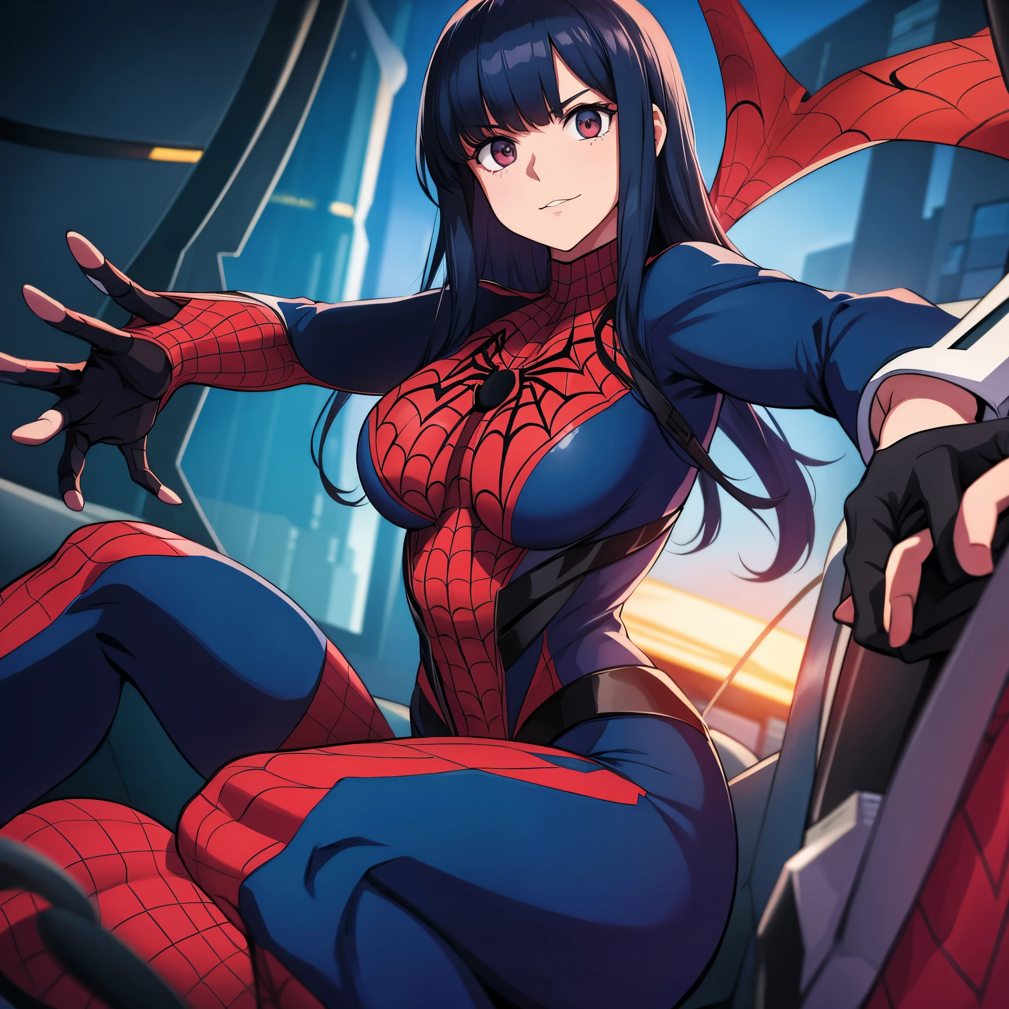 a woman wearing a spider man uniform

