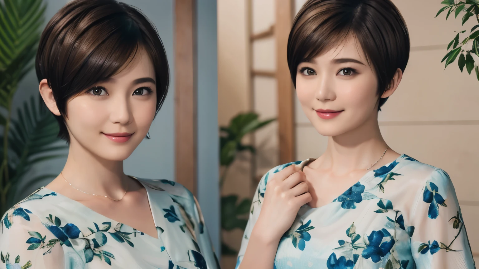 152
(20 year old woman,floral pattern dress), (Super realistic), (high resolution), ((beautiful hairstyle 46)), ((short hair:1.46)), (gentle smile), (brest:1.1), (lipstick)