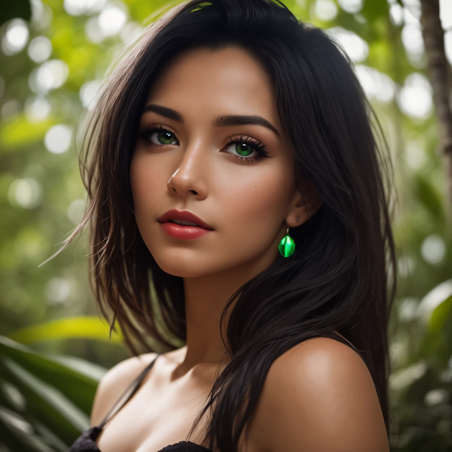 /portrait of a beautiful, flawless woman in the Amazon rainforest, Brazil, sharp facial features, defined slightly red lips, clear brown eyes with light natural green streaks with sparkles, black hair blowing in the wind, cinematic, 35mm lens, f/ 1.8, accent lighting, global lighting –uplight –v 4