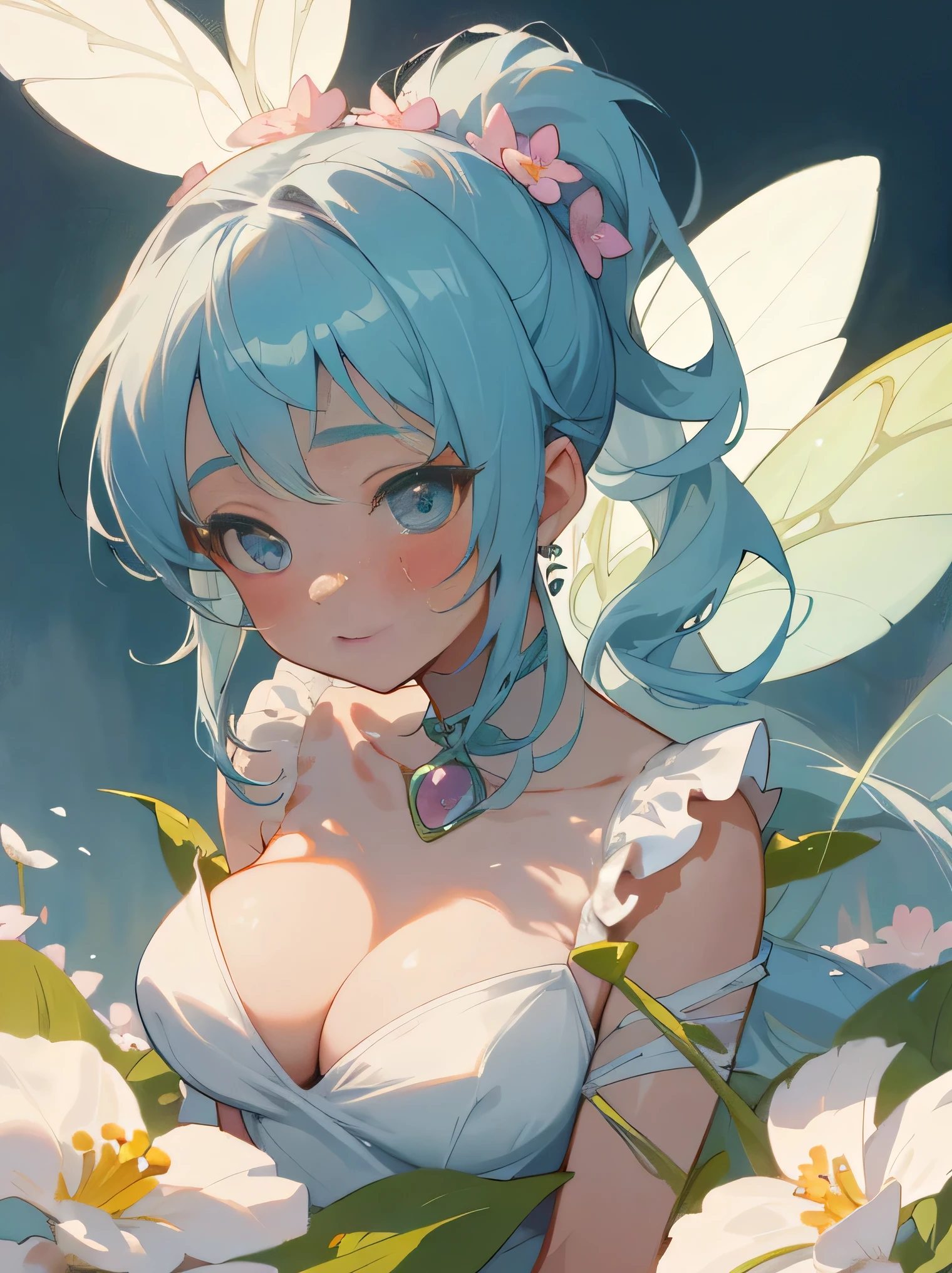 (8K、RAW photo、highest quality、masterpiece:1.2)、detailed background、beautiful and detailed face、beautiful and smooth skin、skin texture、professional lighting、Multiple little fairies、Fairy wearing a cute flower costume、Cute Ponytail,(big breasts:1.2)、emphasize the chest、sweet pea、A flower that blooms in spring, characterized by its pretty appearance and sweet scent..。