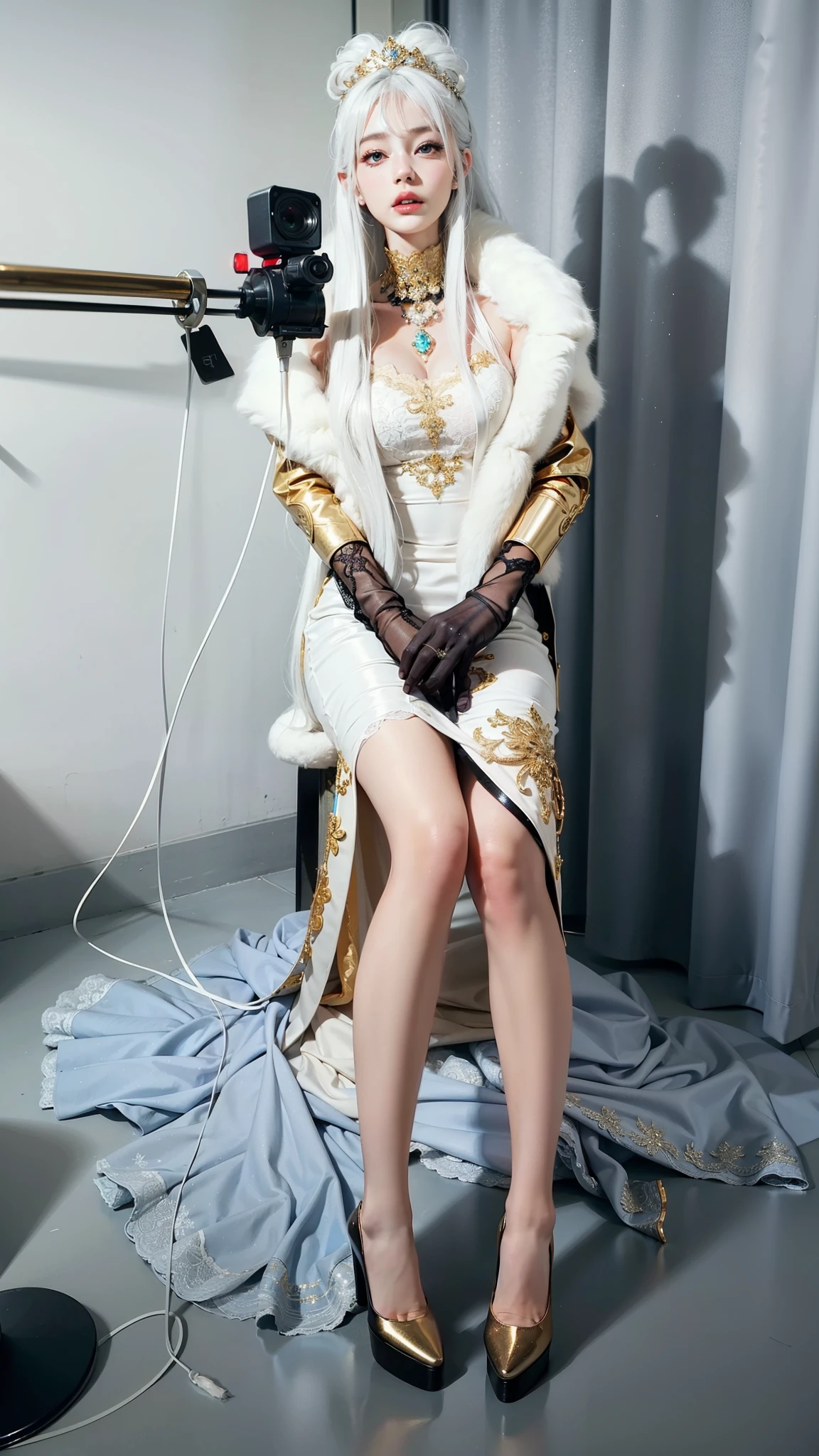 Royal sister,exquisite eyes,Detailed text,tall figure,Leg length,4K,HD,White translucent lace,Fair and plump figure,pretty face,Little cherry mouth,beautiful and delicious(3D royal sister),Gorgeous dress encrusted with gemstones crystal gold diamonds,Wear shiny reflective gelcoat,gold high heels