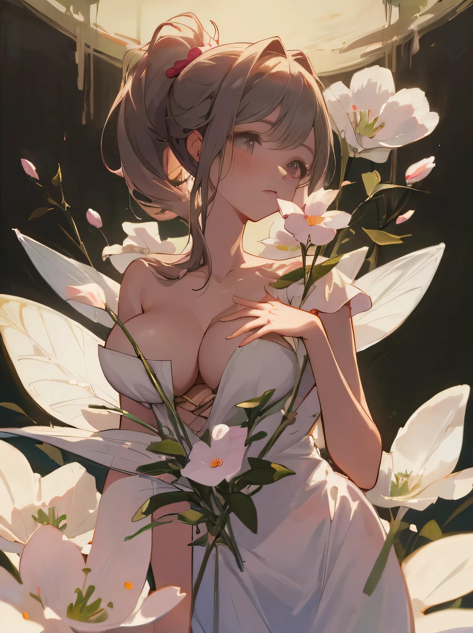 (8K、RAW photo、highest quality、masterpiece:1.2)、detailed background、beautiful and detailed face、beautiful and smooth skin、skin texture、professional lighting、Multiple little fairies、Fairy wearing a cute flower costume、Cute Ponytail,(big breasts:1.2)、emphasize the chest、sweet pea、A flower that blooms in spring, characterized by its pretty appearance and sweet scent..。