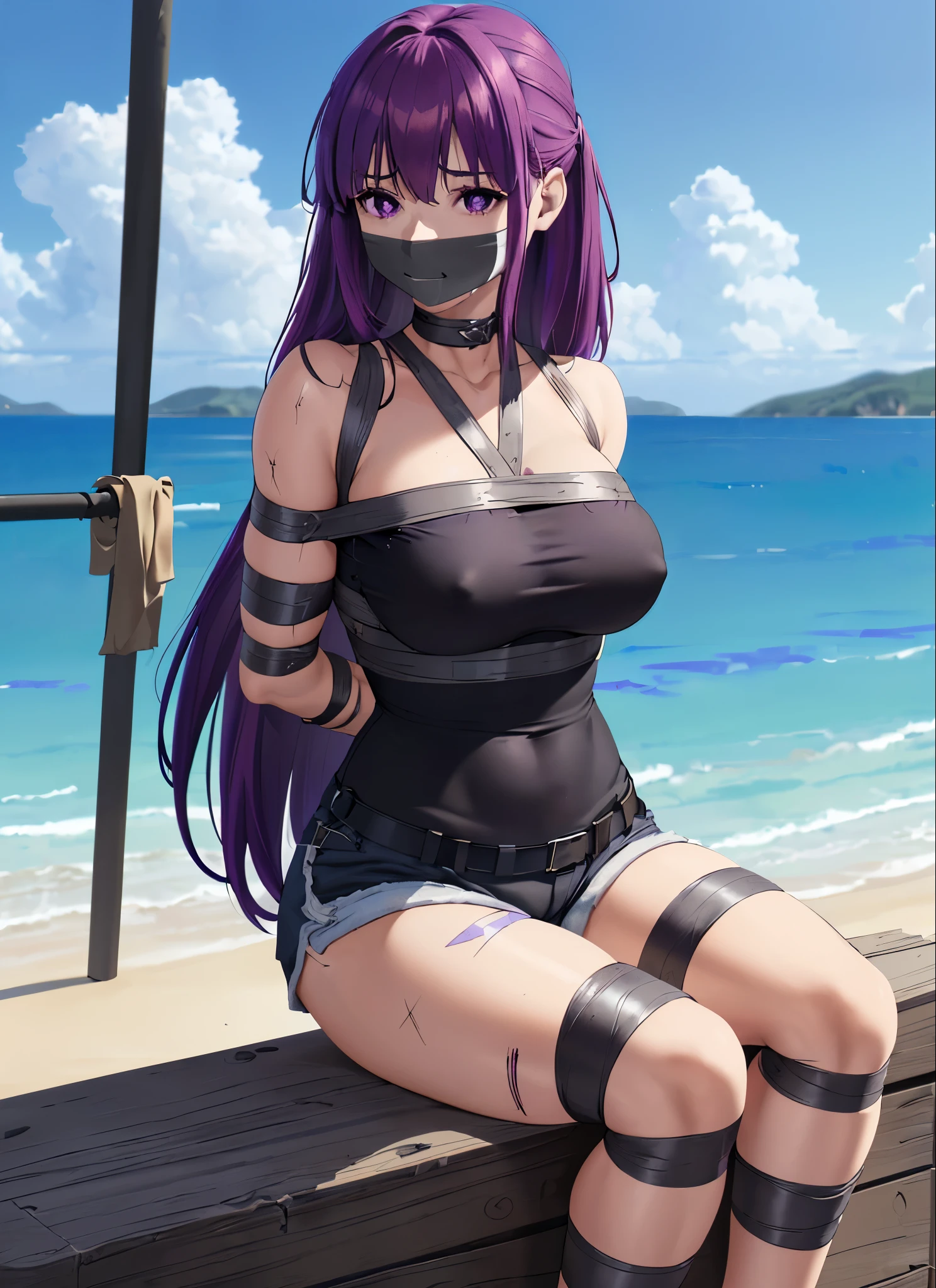 purple hair,purple eyes,(absurdres, 8k, 4k, masterpiece, hyper extreme detailed:1.2), solo, 1girl, front view, perfect face, 1girl, portrait, expressive eyes, looking at viewer, solo, standing, Female, toned body, female, large breast, , long hair, swept bangs, athletic body, stoic, windy hair, moving hair, moving clothes, Shorts, black shirt, , Military, battle worn, scars, messy hair, smile, happy, heroic, perfect anatomy, friendly, heroism, blue sky, sun, clouds, muscular, half body, bound, bondage, (armd back:1.4), (bdsm, tape gag, tapepe bondage, restrained, besmy, tape wrapped, wrap gag, tightly bound, tape wrapped around face, tape above breasts, tape below breasts, siown, tape gag, long ape between breasts, taped forearms, taped elbows, taped , taped nose, taped between arms, black t-shirt, sleeveless)