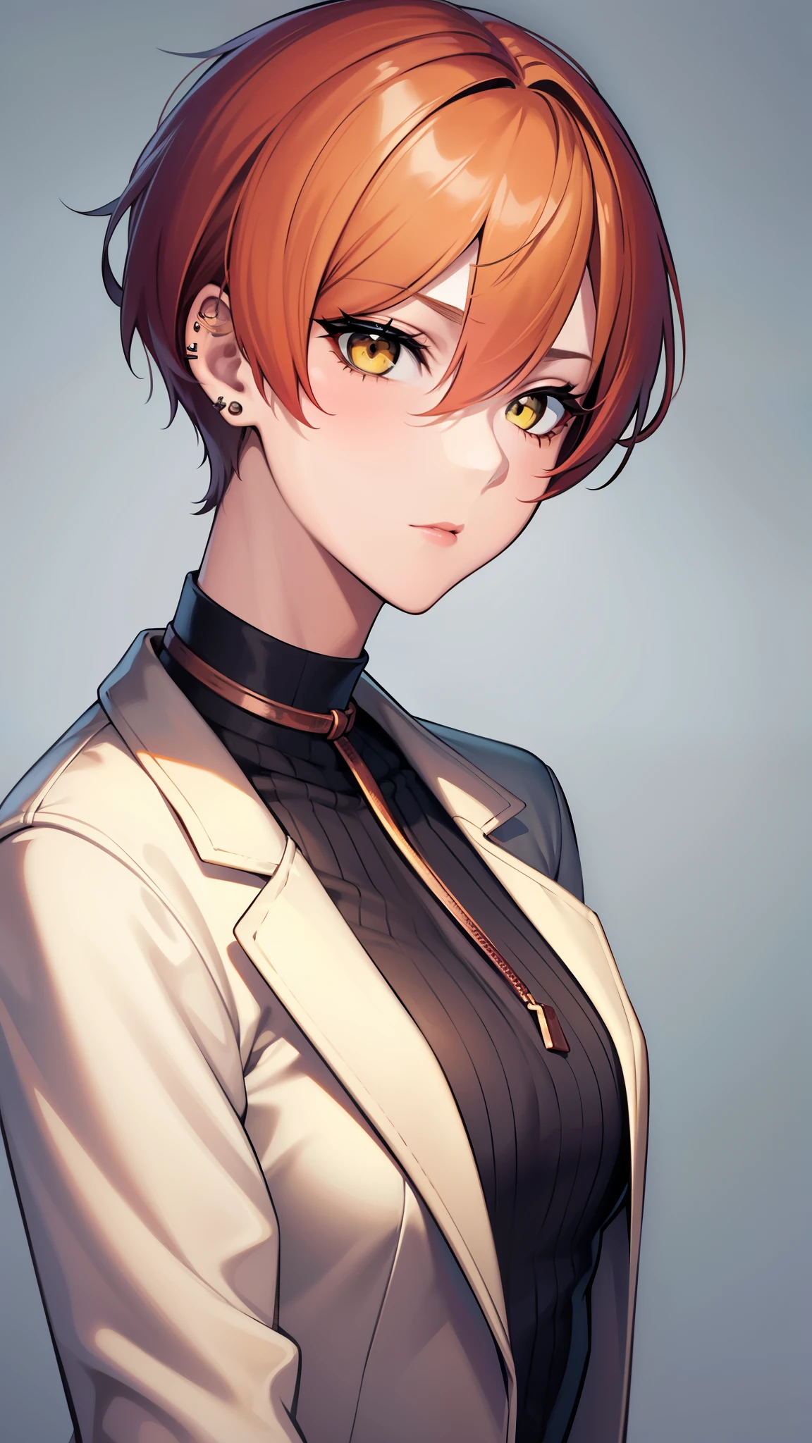 {8k image}, 1beautiful woman (tomboy), 30 years old, short blonde and black hair (Stunning Copper Pixie Cut), yellow eyes, masculine features on the face, medium breasts, ear piercings, choker on the neck, wearing a white shirt with dark green jacket, looking at the viewer with a neutral expression, focus only on the face, {face portrait}, no background, manga art style, lineart, lineart with fine lines