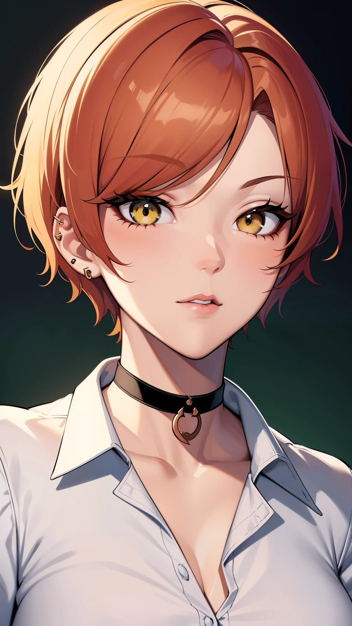 {8k image}, 1beautiful woman (tomboy), 30 years old, short blonde and black hair (Stunning Copper Pixie Cut), yellow eyes, masculine features on the face, medium breasts, ear piercings, choker on the neck, wearing a white shirt with dark green jacket, looking at the viewer with a neutral expression, focus only on the face, {face portrait}, no background, manga art style, lineart, lineart with fine lines