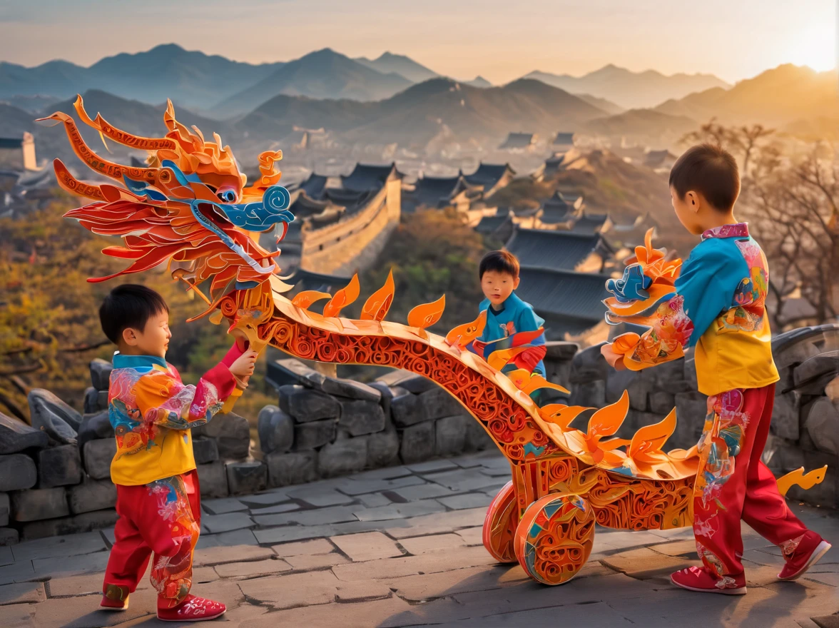 ((Magic sunset)). In the heart of an ancestral city, a vibrant scene unfolds as several Chinese children joyfully play with their wooden dragons to celebrate the arrival of the new year in 2024. The picturesque landscape showcases the magnificent Chinese wall, perfectly blending with the first light of the sunrise or the mesmerizing colors of the sunset. The children are adorned in beautifully crafted origami clothes, adding a touch of whimsy and elegance to the scene. In contrast, some children wear zentangle clothes, creating a striking visual contrast. The dragons they hold come to life with intricate details, thanks to the 3D crunch technique used in their creation. The overall image quality is of the highest standard, with a resolution of 4k or even 8k, resulting in a masterpiece of ultra-detailed beauty. The prompt embraces a realistic and photorealistic approach, capturing the true essence of the moment. The art style draws inspiration from traditional Chinese portraits and landscapes, evoking a sense of cultural heritage and pride. Vibrant colors and warm color tones artistically depict the warm embrace of the sun's rays on the children and their surroundings. The scene is bathed in gentle and magical studio lighting, creating a captivating ambience.