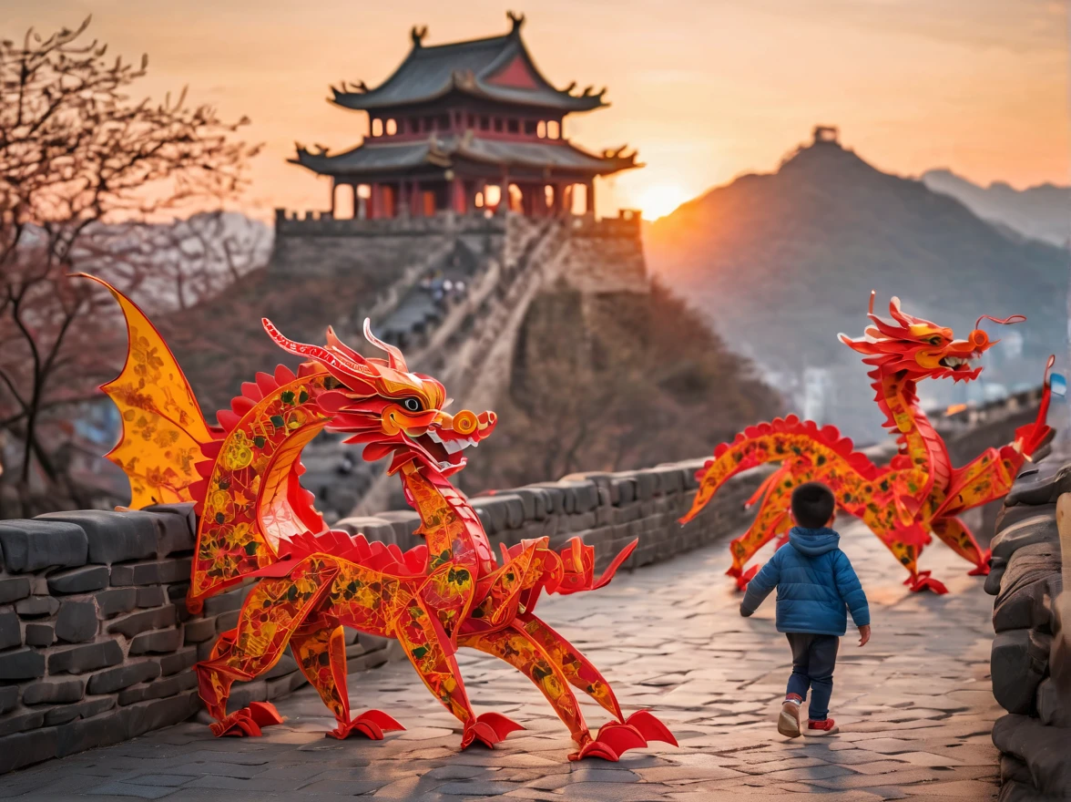 ((Magic sunset)). In the heart of an ancestral city, a vibrant scene unfolds as several Chinese children joyfully play with their wooden dragons to celebrate the arrival of the new year in 2024. The picturesque landscape showcases the magnificent Chinese wall, perfectly blending with the first light of the sunrise or the mesmerizing colors of the sunset. The children are adorned in beautifully crafted origami clothes, adding a touch of whimsy and elegance to the scene. In contrast, some children wear zentangle clothes, creating a striking visual contrast. The dragons they hold come to life with intricate details, thanks to the 3D crunch technique used in their creation. The overall image quality is of the highest standard, with a resolution of 4k or even 8k, resulting in a masterpiece of ultra-detailed beauty. The prompt embraces a realistic and photorealistic approach, capturing the true essence of the moment. The art style draws inspiration from traditional Chinese portraits and landscapes, evoking a sense of cultural heritage and pride. Vibrant colors and warm color tones artistically depict the warm embrace of the sun's rays on the children and their surroundings. The scene is bathed in gentle and magical studio lighting, creating a captivating ambience.