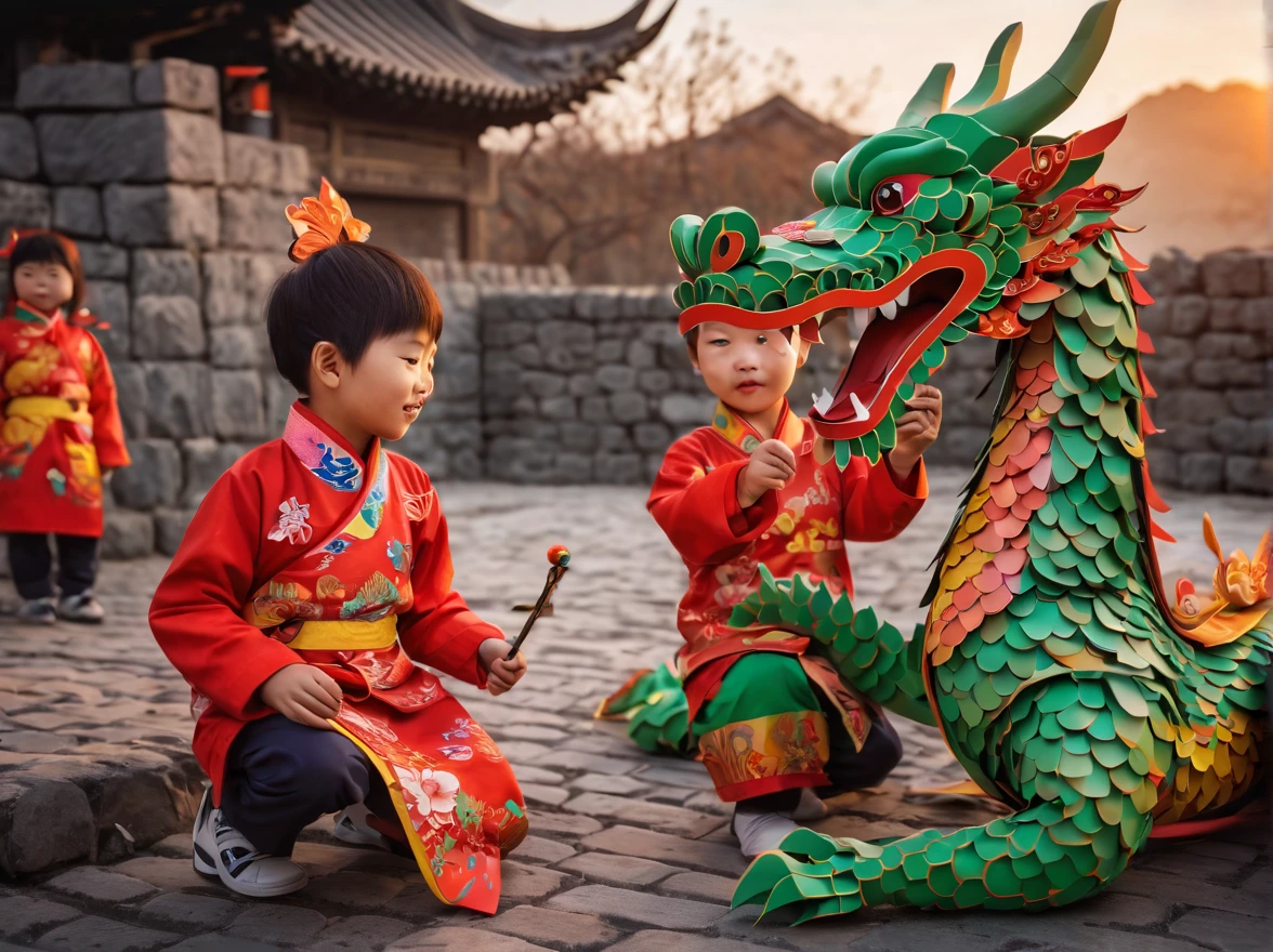 ((Magic sunset)). In the heart of an ancestral city, a vibrant scene unfolds as several Chinese children joyfully play with their wooden dragons to celebrate the arrival of the new year in 2024. The picturesque landscape showcases the magnificent Chinese wall, perfectly blending with the first light of the sunrise or the mesmerizing colors of the sunset. The children are adorned in beautifully crafted origami clothes, adding a touch of whimsy and elegance to the scene. In contrast, some children wear zentangle clothes, creating a striking visual contrast. The dragons they hold come to life with intricate details, thanks to the 3D crunch technique used in their creation. The overall image quality is of the highest standard, with a resolution of 4k or even 8k, resulting in a masterpiece of ultra-detailed beauty. The prompt embraces a realistic and photorealistic approach, capturing the true essence of the moment. The art style draws inspiration from traditional Chinese portraits and landscapes, evoking a sense of cultural heritage and pride. Vibrant colors and warm color tones artistically depict the warm embrace of the sun's rays on the children and their surroundings. The scene is bathed in gentle and magical studio lighting, creating a captivating ambience.