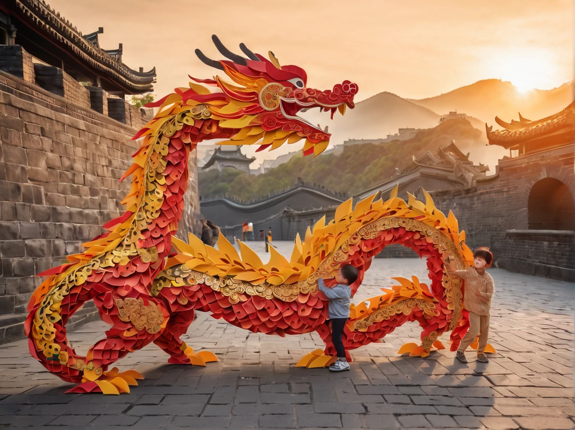 ((Magic sunset)). In the heart of an ancestral city, a vibrant scene unfolds as several Chinese children joyfully play with their wooden dragons to celebrate the arrival of the new year in 2024. The picturesque landscape showcases the magnificent Chinese wall, perfectly blending with the first light of the sunrise or the mesmerizing colors of the sunset. The children are adorned in beautifully crafted origami clothes, adding a touch of whimsy and elegance to the scene. In contrast, some children wear zentangle clothes, creating a striking visual contrast. The dragons they hold come to life with intricate details, thanks to the 3D crunch technique used in their creation. The overall image quality is of the highest standard, with a resolution of 4k or even 8k, resulting in a masterpiece of ultra-detailed beauty. The prompt embraces a realistic and photorealistic approach, capturing the true essence of the moment. The art style draws inspiration from traditional Chinese portraits and landscapes, evoking a sense of cultural heritage and pride. Vibrant colors and warm color tones artistically depict the warm embrace of the sun's rays on the children and their surroundings. The scene is bathed in gentle and magical studio lighting, creating a captivating ambience.