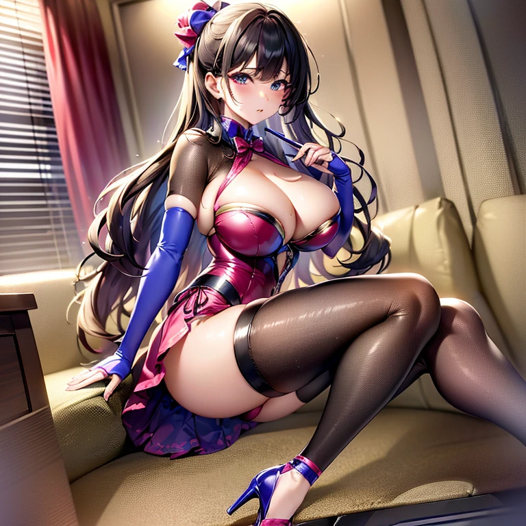 ((Raw photo、highest quality、High resolution、nffsw、highest quality、precision processing、Portrait、3D、pureerosface_v1:0.7、light particle filter on background、ray tracing、)、((( Shiny dark pink corset、Dark red BDSM outfit、Bold、1Girl of Man,Fishnet tights、bondage、))))((((blonde hair wavy hair、cleavage emphasis、big breasts:4.0、thin legs、blue eyes、Detailed depiction of limbs、small nose、attractive body、No sleeve、I'm holding your hand、high heels、18-year-old、Very pretty girl、Number of fingers5Book、beautiful feet、足は2Book、Condescending to the audience、))))、stand and cross your legs、