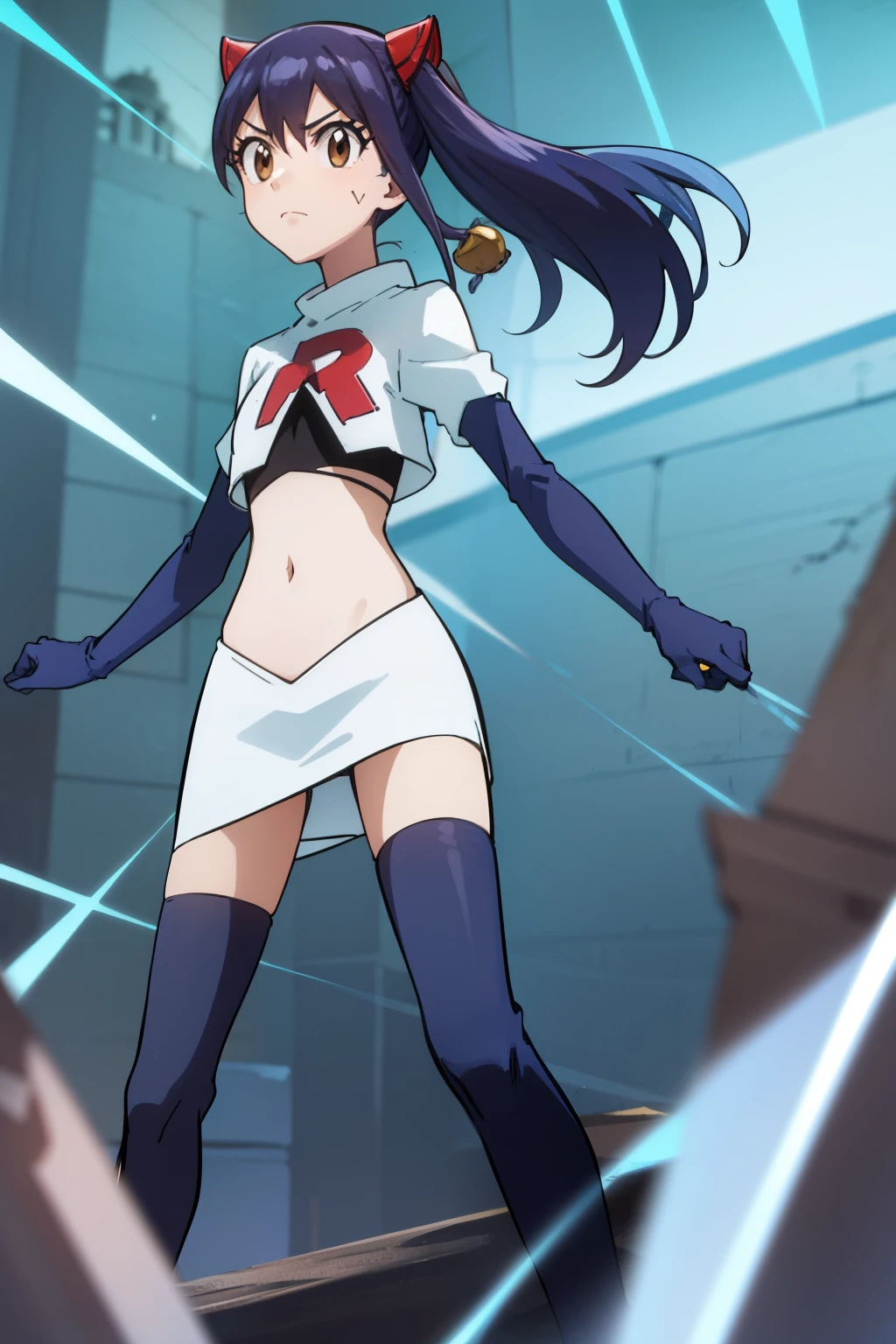 WENDY MARVELL, LONG HAIR, HAIR ORNAMENT, TWINTAILS, (BROWN EYES:1.2), BLUE HAIR, TATTOO, 1girl, solo, facing viewer, looking at viewer, team rocket uniform, red letter R, white skirt,white crop top,black thigh-highs,black elbow gloves