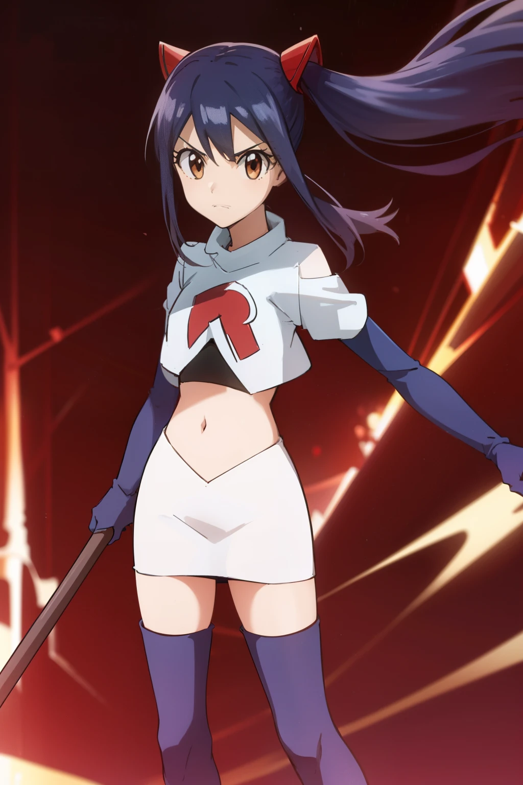 WENDY MARVELL, LONG HAIR, HAIR ORNAMENT, TWINTAILS, (BROWN EYES:1.2), BLUE HAIR, TATTOO, 1girl, solo, facing viewer, looking at viewer, team rocket uniform, red letter R, white skirt,white crop top,black thigh-highs,black elbow gloves