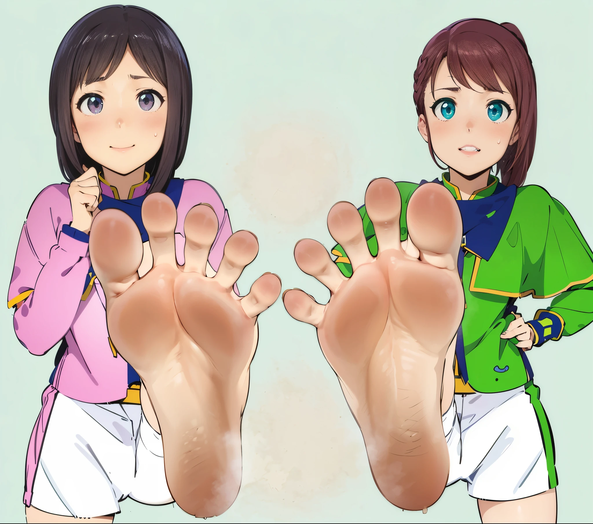 Anime girl sitting on a chair with big feet and pink shirt, huge art, foot art subjective, Detailed foot pov, big feet, foot pose, Tifa, foot art, !!very detailed!!, Slender legs towering over you, naughty anime style, high sole, Hi-res price、barefoot、only、sweaty feet, Kiramei Pink, mashin sentai kiramager, onlyの拡大図，onlyを露出させる,beginning of the year of water, 2 girls