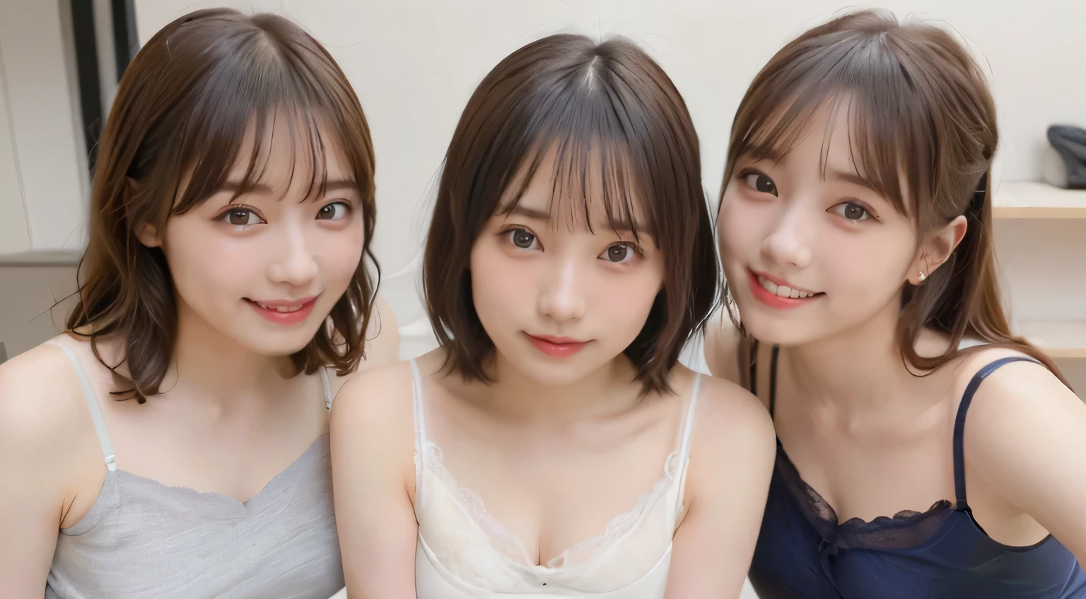 masterpiece, better quality, High resolution, ((photorealistic:1.4, Live shooting, 超High resolution,Highest image quality: 1.4)), ((Do not split)),((whole body:1.8)), beautiful detailed eyes, natural color lip, ((A big smile:1.5)), ((Random and cute curly hair)), ((大から中までのランダムなchestのサイズ:1.3)), ((underwear:1.6)),((Camisole-wearing:1.6)),((Random Lightwear:1.2)),((chest、arm under glasses:0.9)), ((peek from below)), ((sports warehouse)), ((Random and cute expressions)),, ((3 girls、Three people standing side by side:1.5)) Highly detailed and professional lighting、 ((Random and cute expressions:1.5))、 ((Waki Display:1.5))、 ((I'm showing off my waki:1.5))、 ((I can see my thighs:1.5))